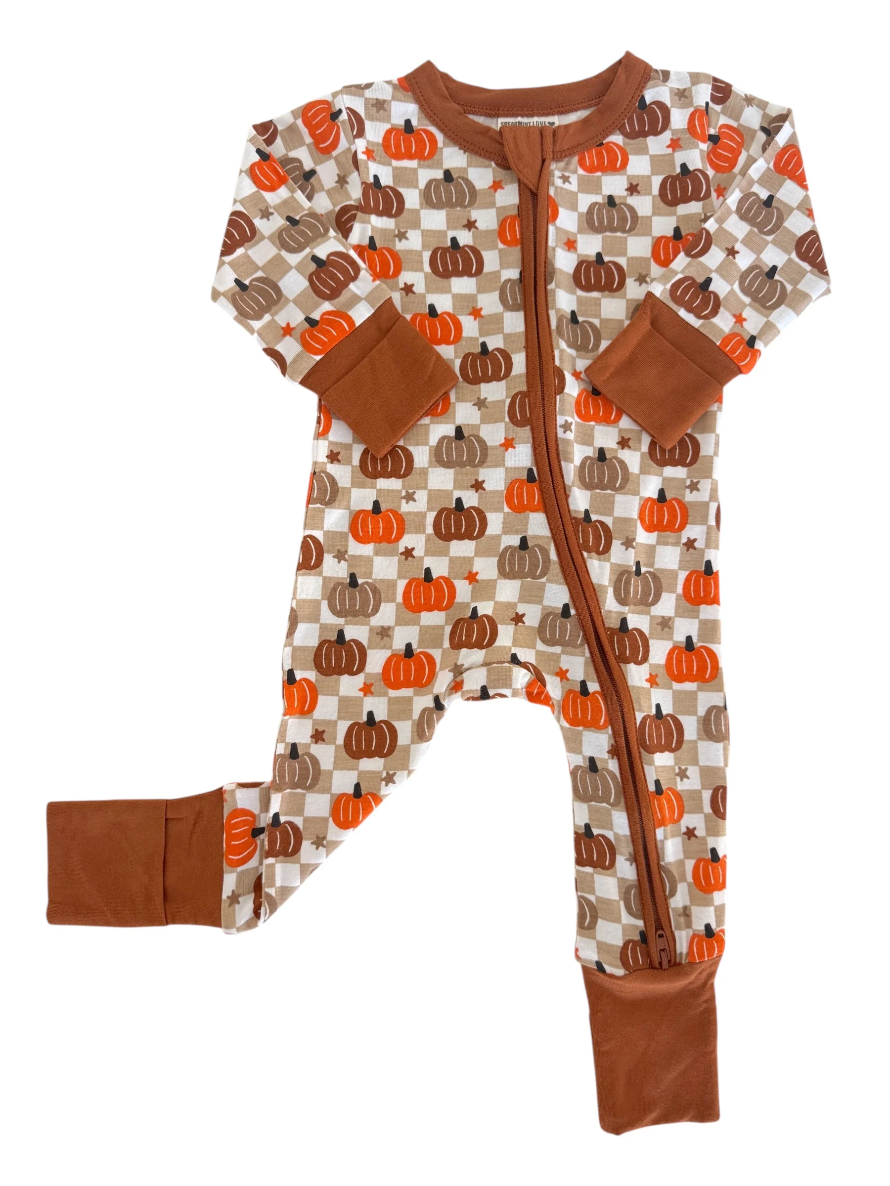 2-Way Convertible Zip Romper, Pumpkin Checkerboard