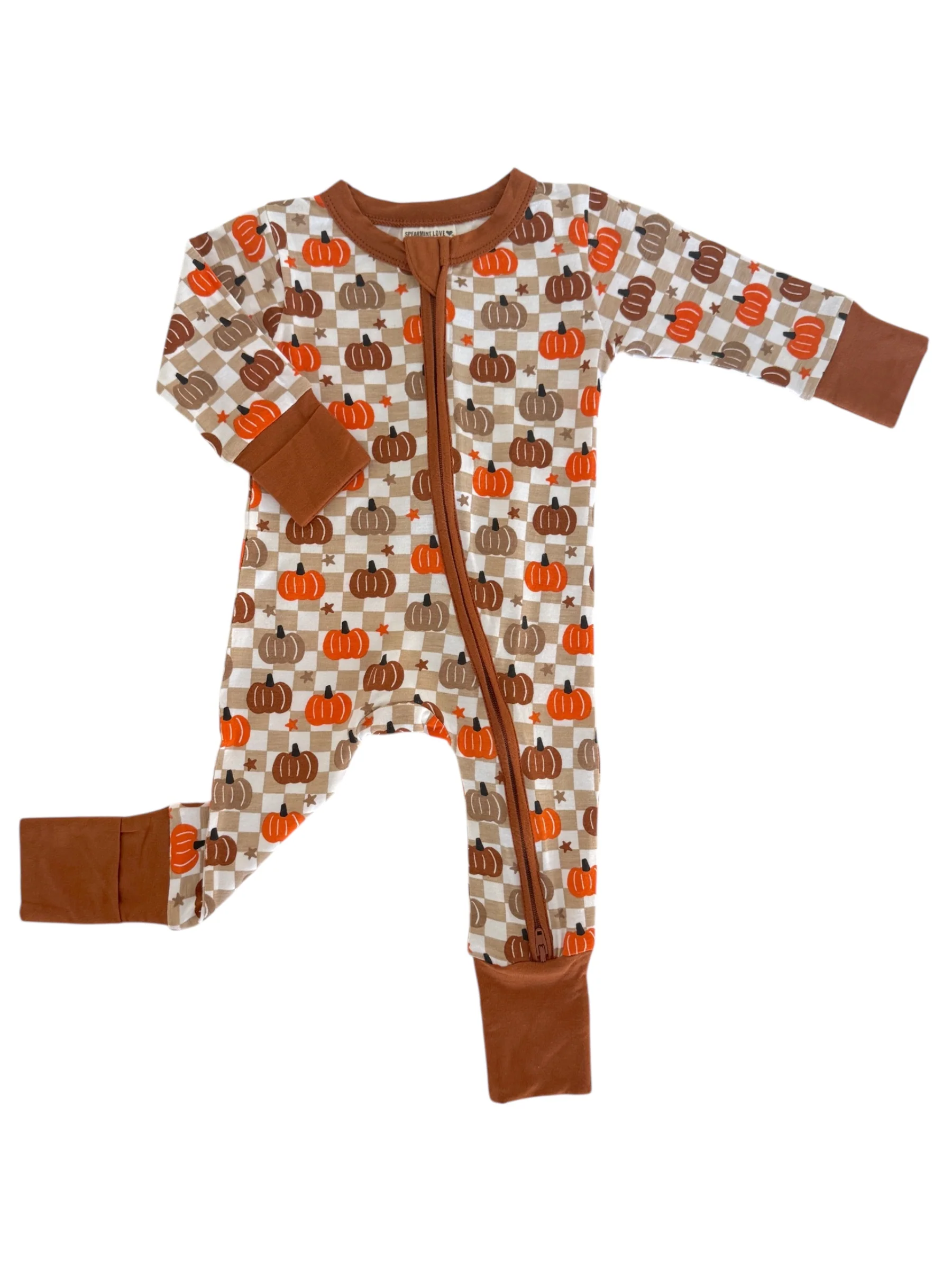 2-Way Convertible Zip Romper, Pumpkin Checkerboard - Image 2