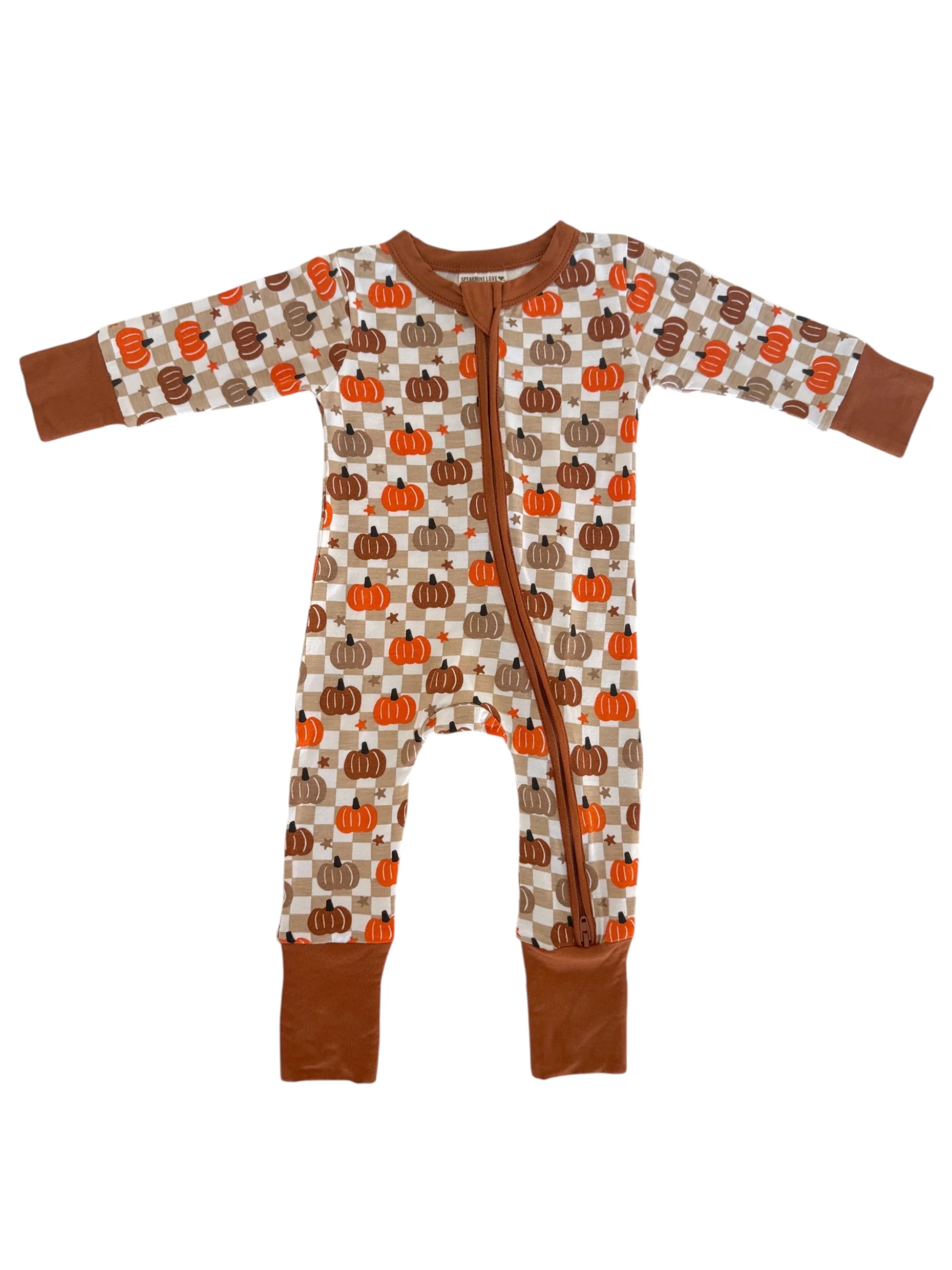 2-Way Convertible Zip Romper, Pumpkin Checkerboard - Image 3