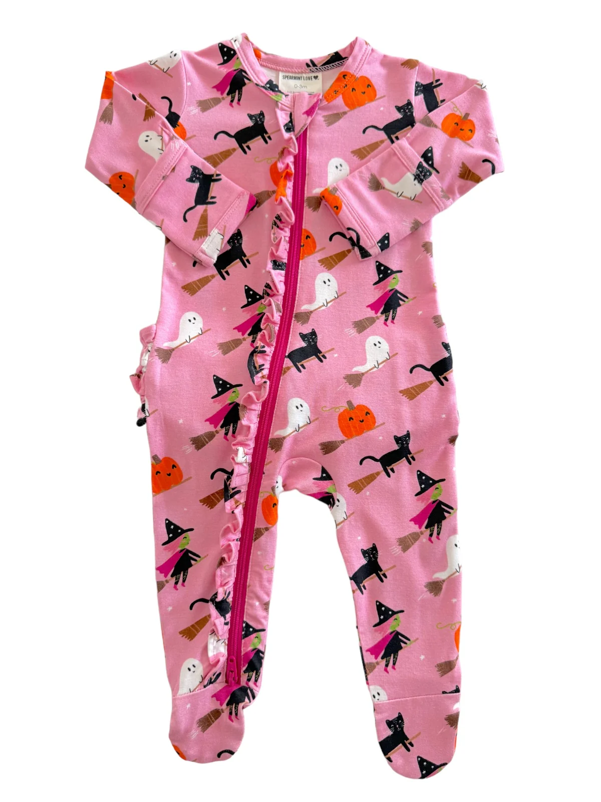 2-Way Ruffle Zip Footie, Broomstick Friends Pink - Image 2