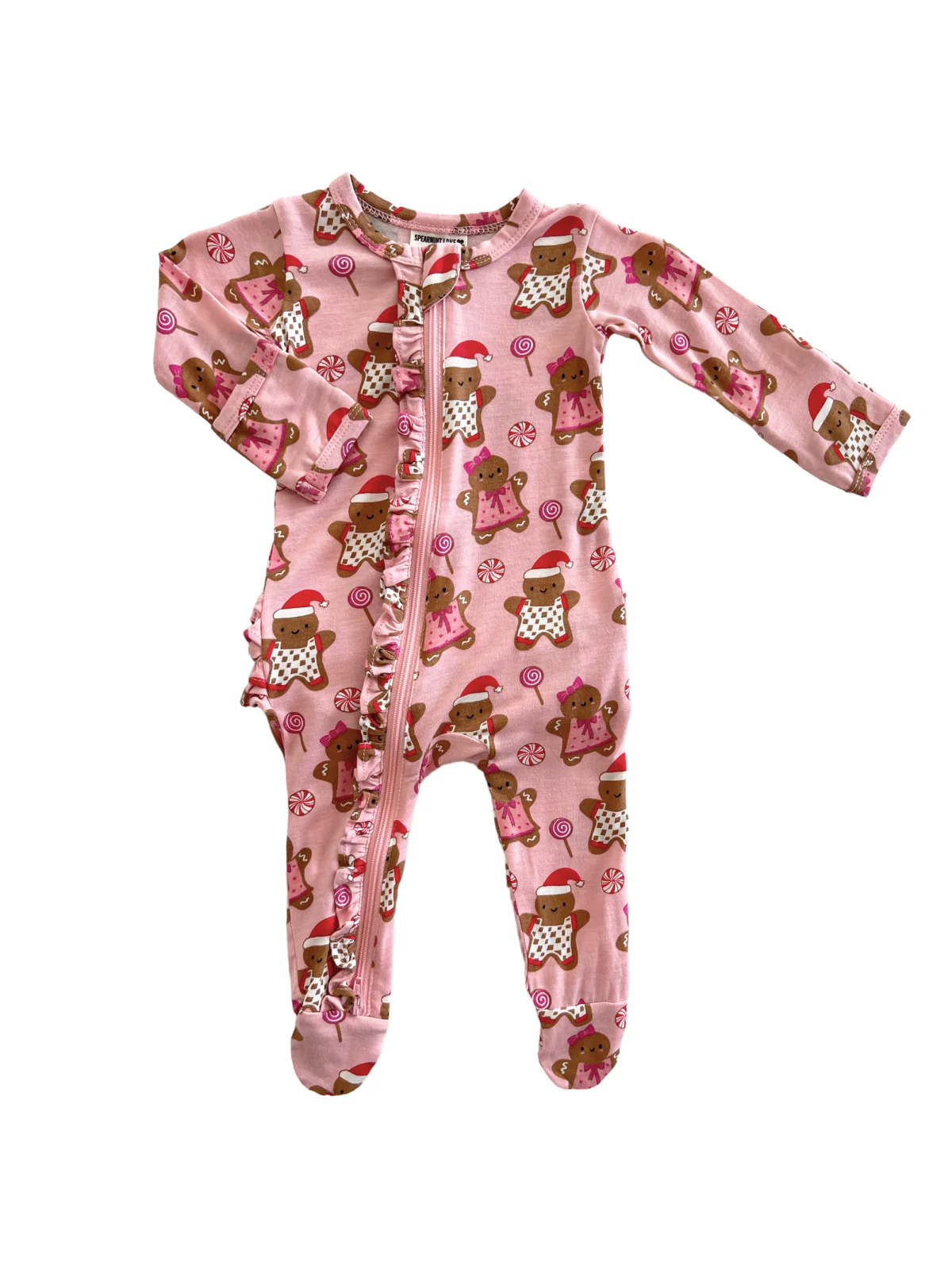 2-Way Ruffle Zip Footie, Gingerbread Friends Pink - Image 4