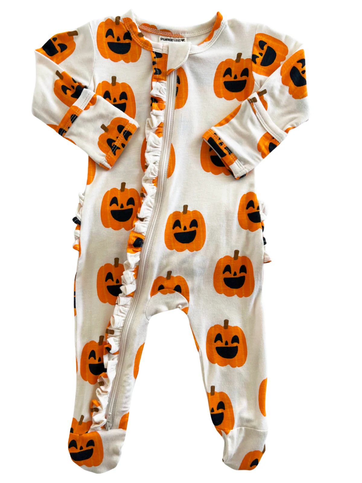 2-Way Ruffle Zip Footie, Jack-O-Lantern - Image 2