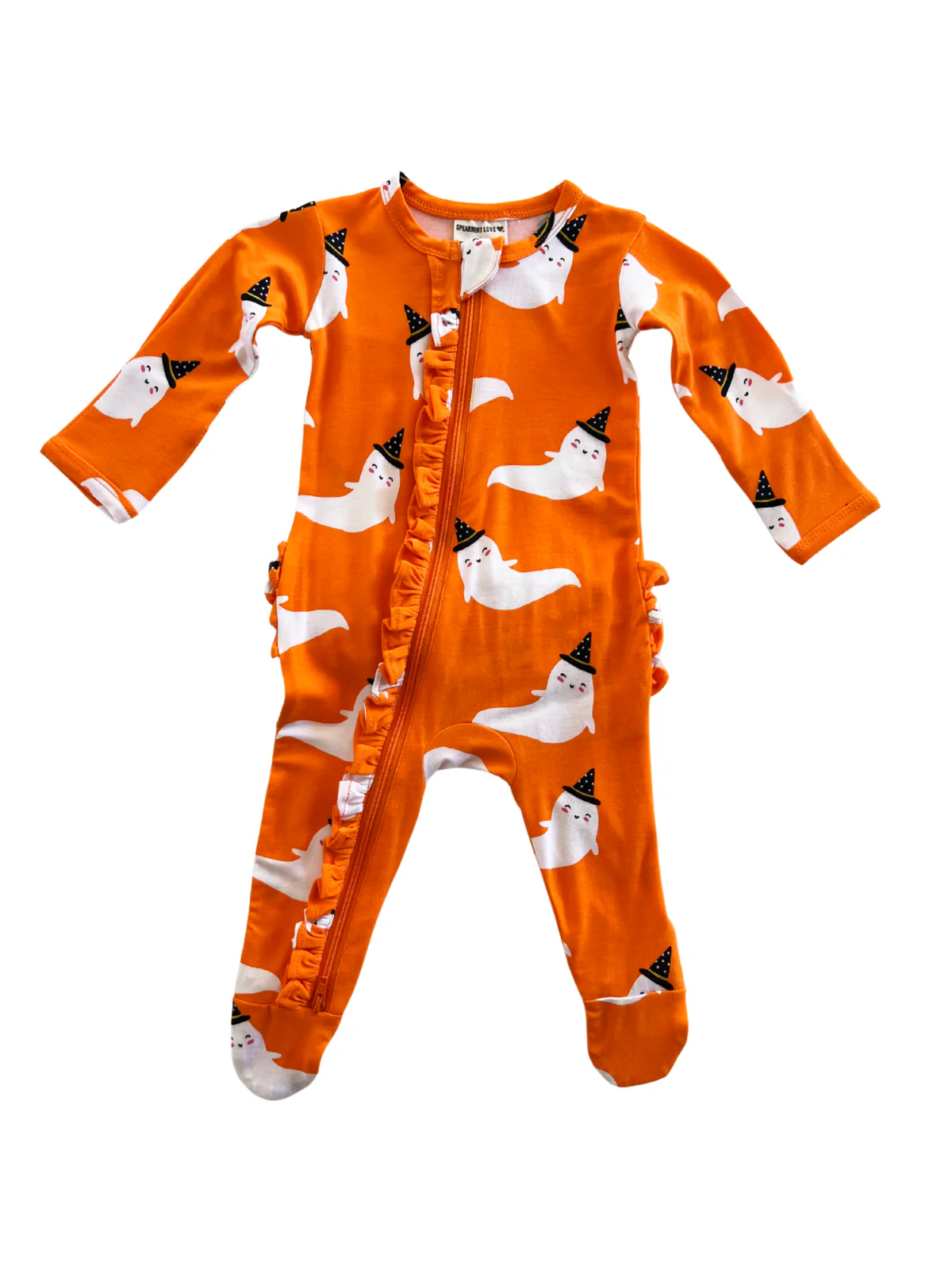 2-Way Ruffle Zip Footie, Orange Ghost - Image 2