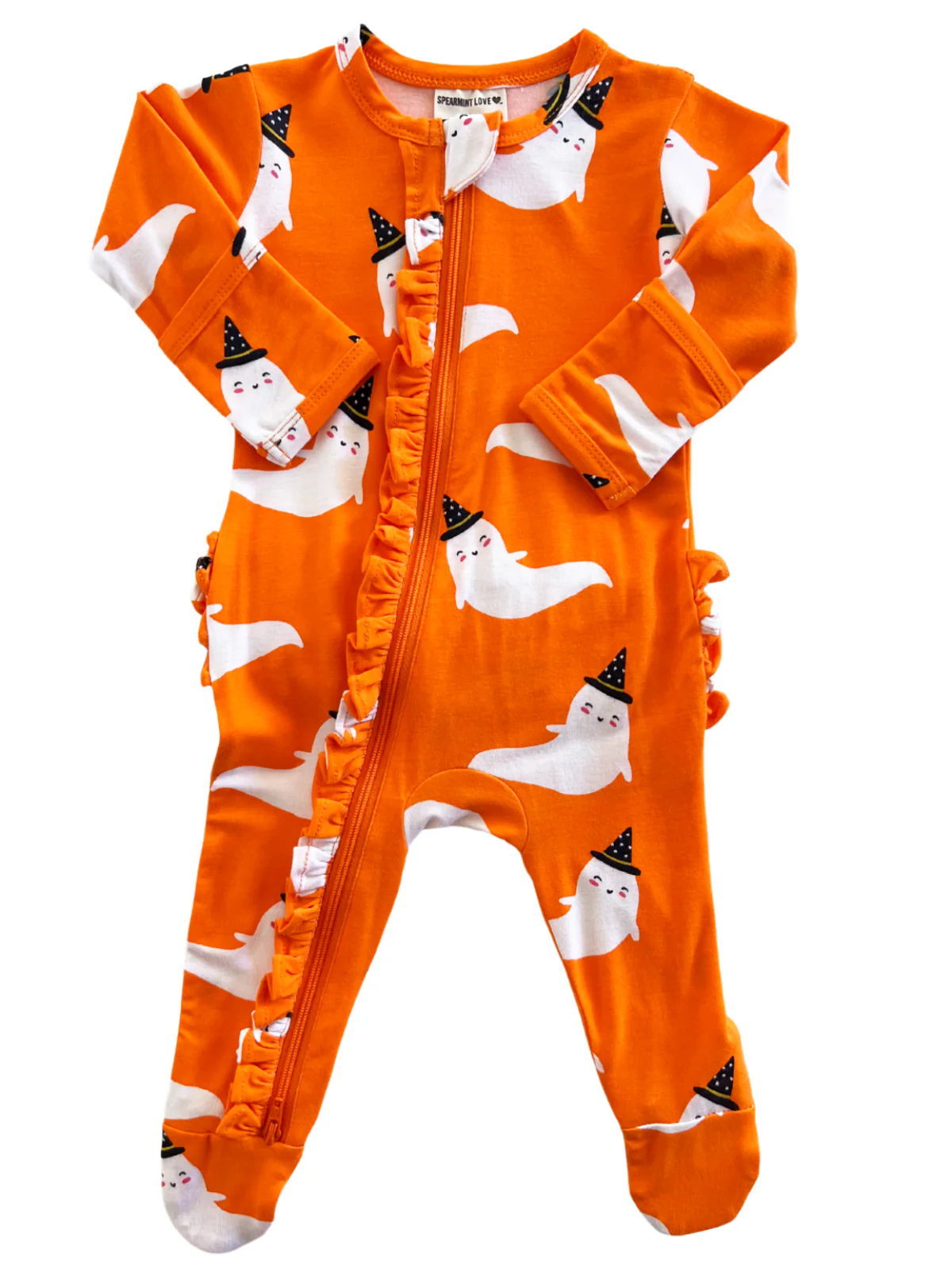 2-Way Ruffle Zip Footie, Orange Ghost - Image 3