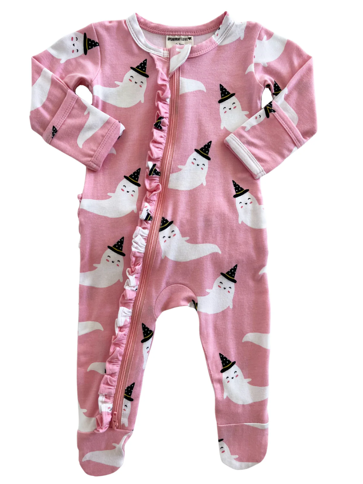 2-Way Ruffle Zip Footie, Pink Ghost - Image 3