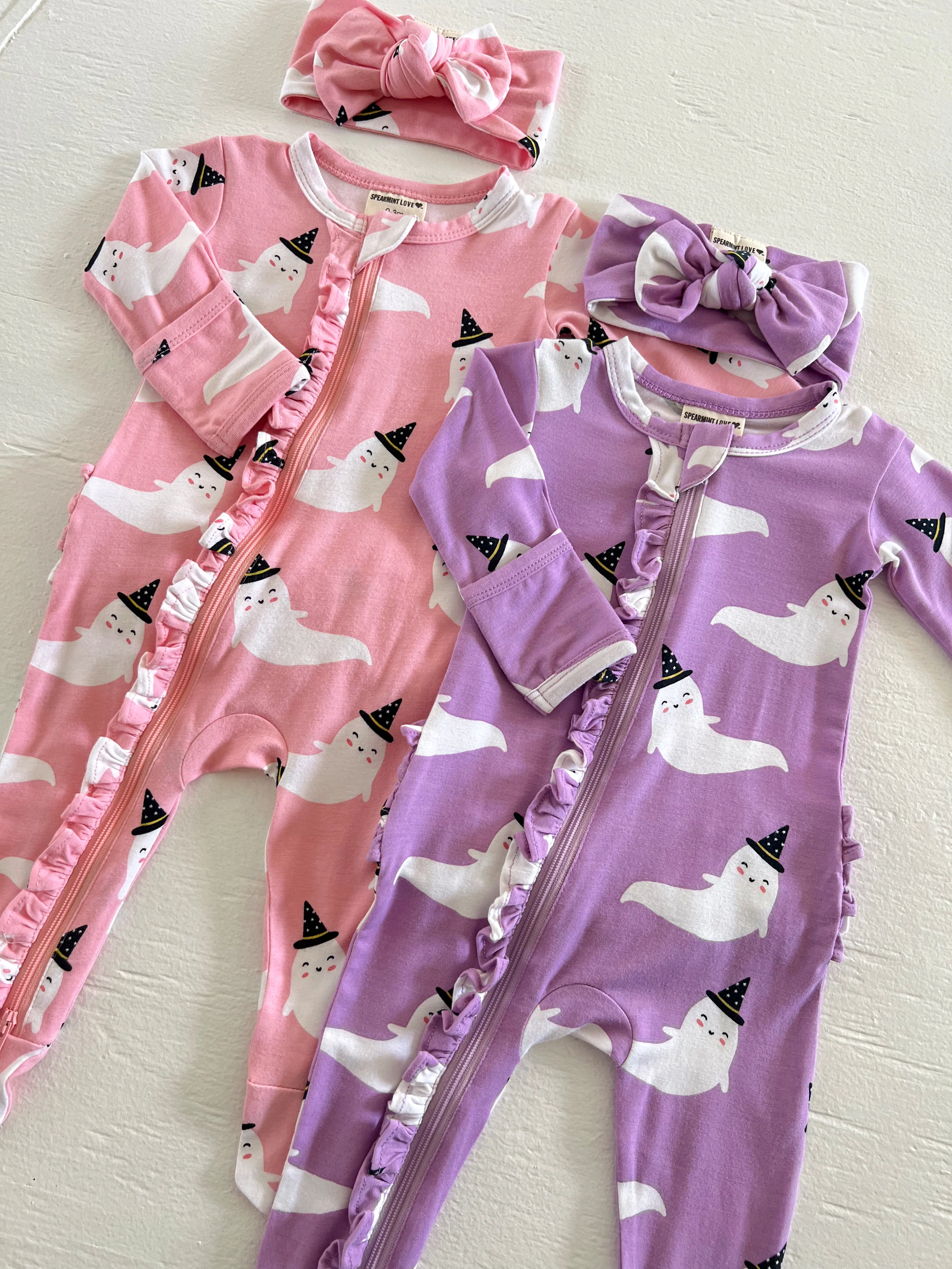 2-Way Ruffle Zip Footie, Purple Ghost - Image 6