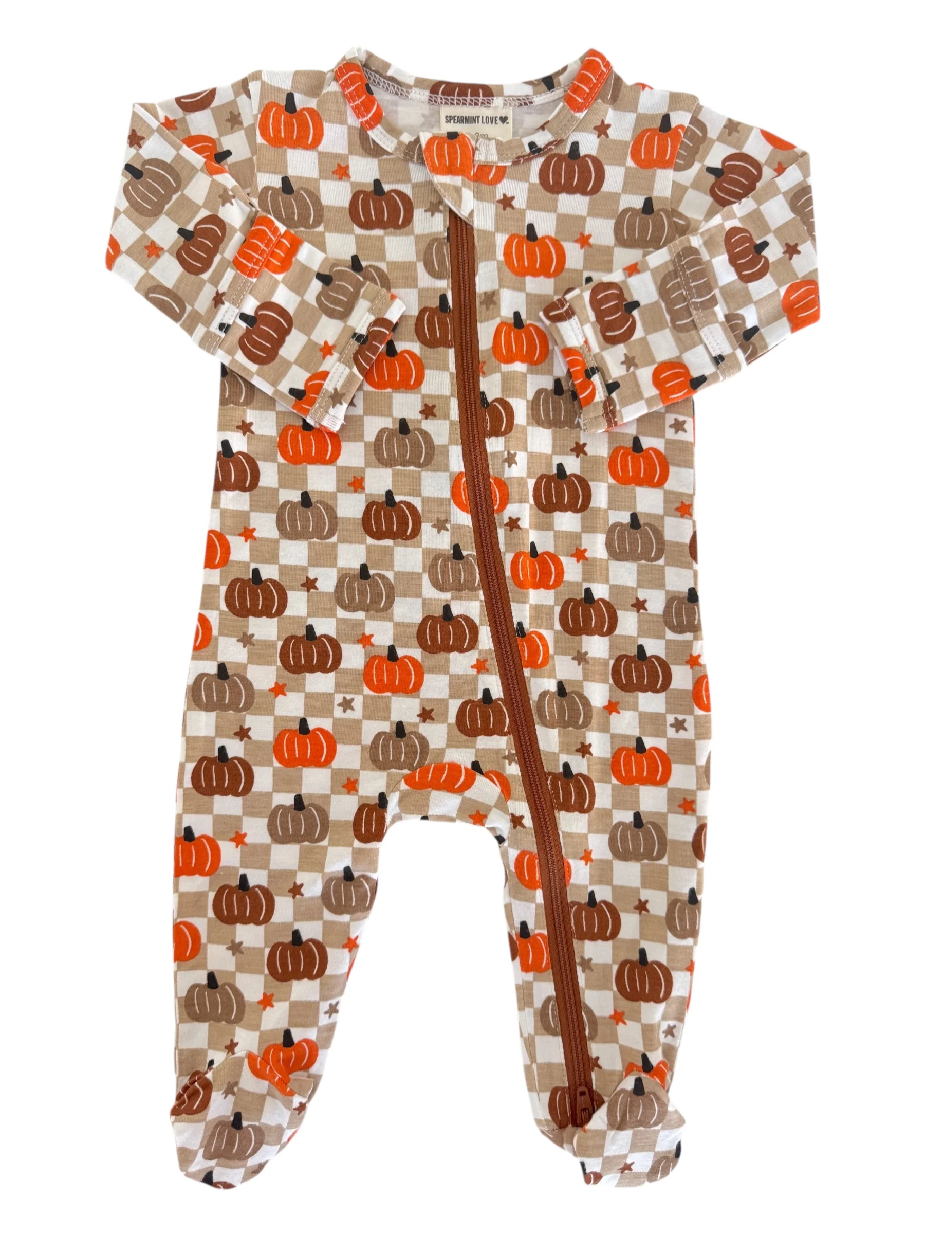 2-Way Zip Footie, Pumpkin Checkerboard - Image 2