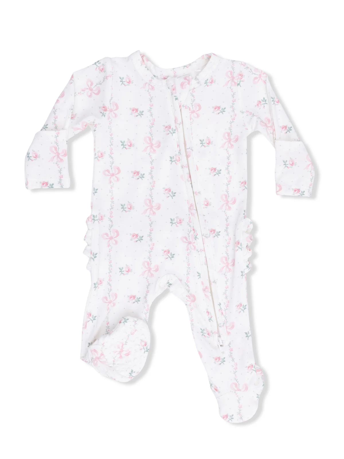 2-Way Zip Ruffle Footie, Dainty Buds and Bows