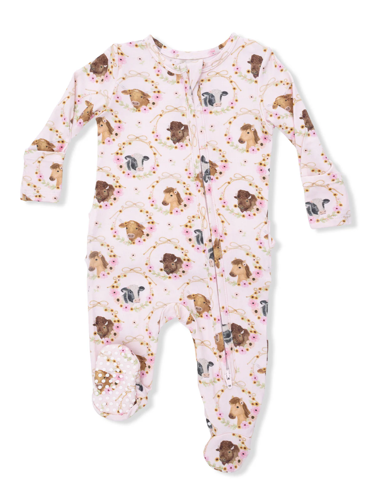 2-Way Zip Ruffle Footie, Farm Animals Floral Cameos