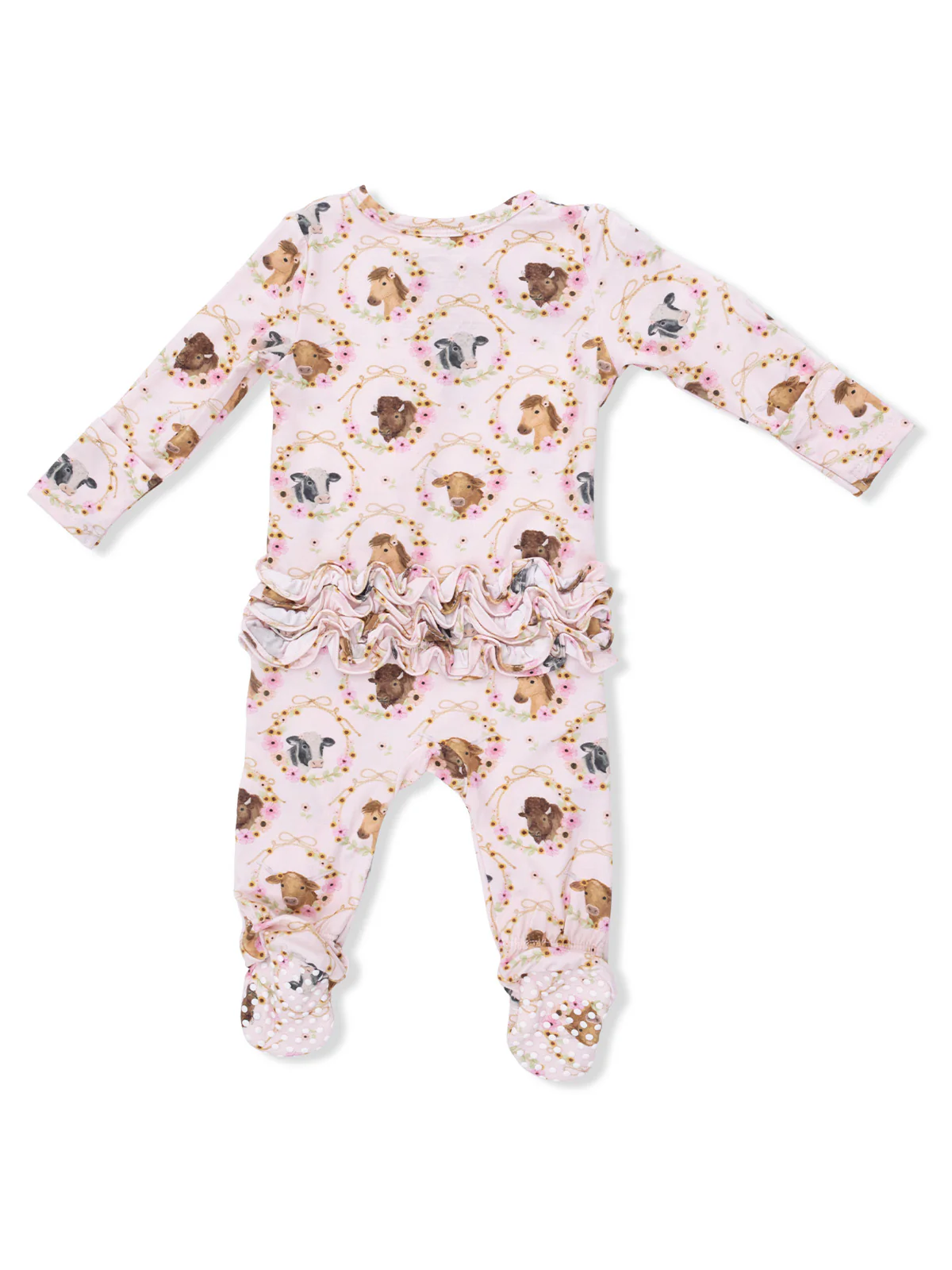 2-Way Zip Ruffle Footie, Farm Animals Floral Cameos - Image 3