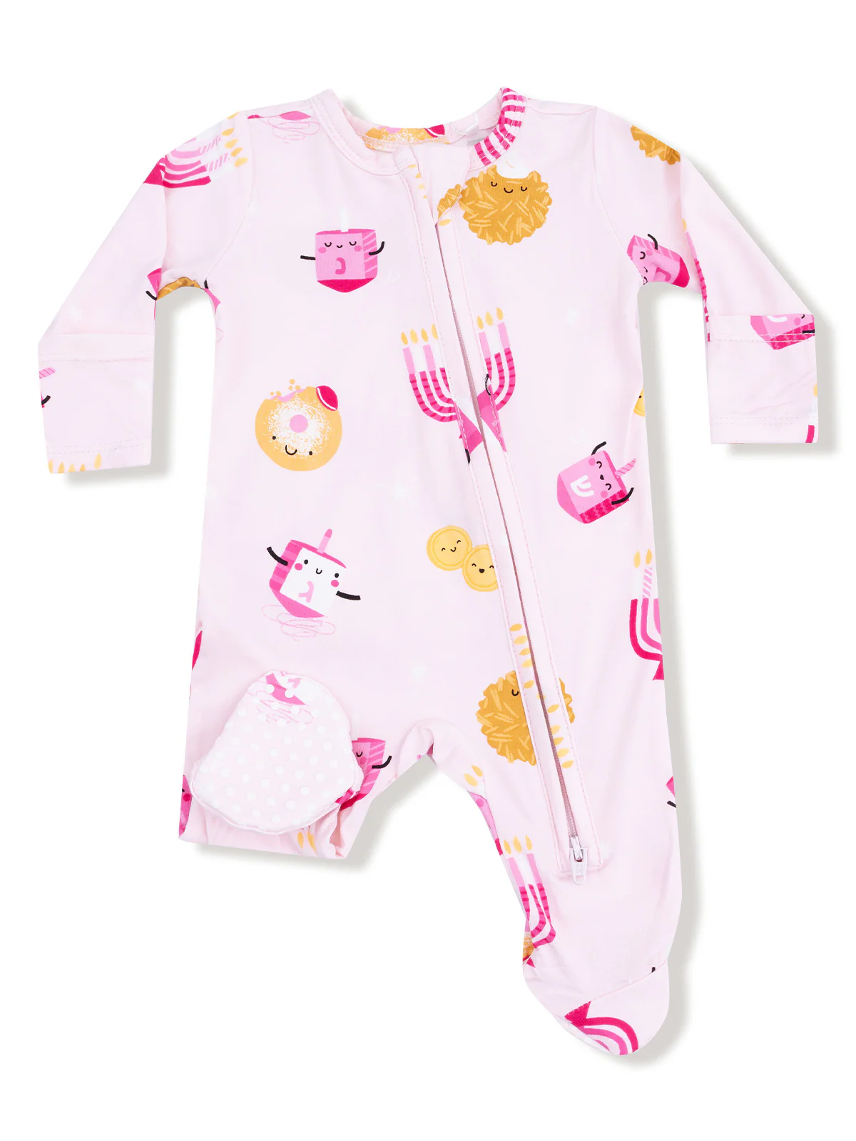 2-Way Zip Ruffle Footie, Hanukkah Pink