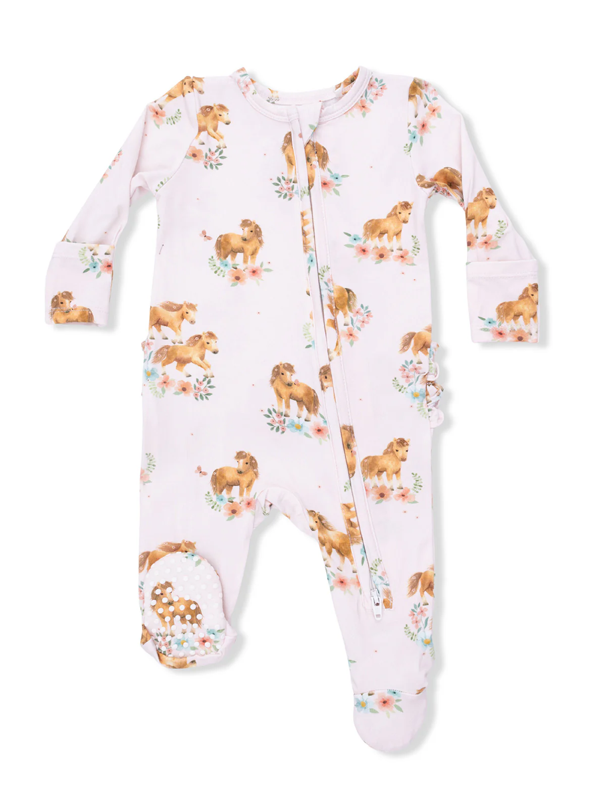 2-Way Zip Ruffle Footie, Pink Ponies
