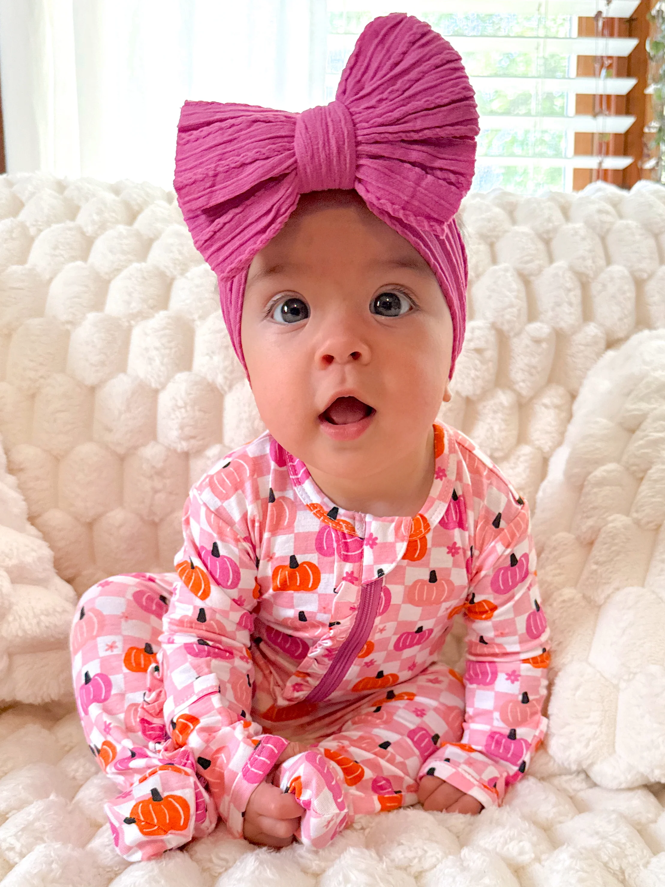 2-Way Zip Ruffle Footie, Pumpkin Checkerboard Pink