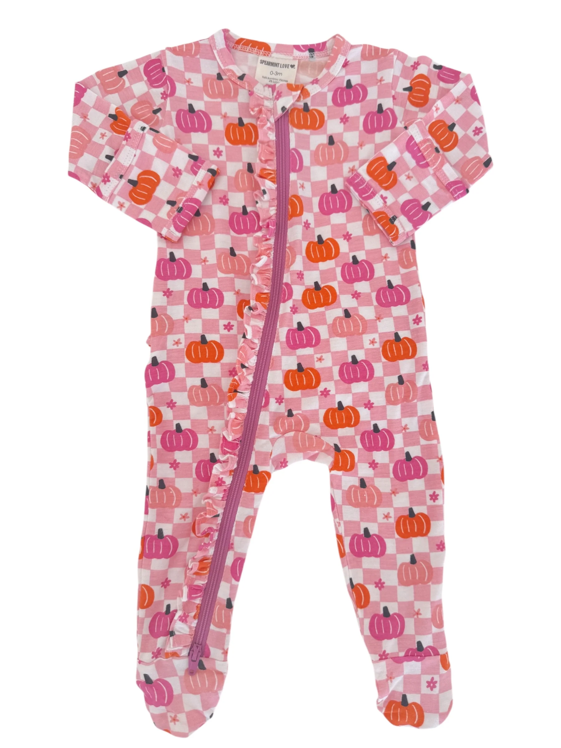 2-Way Zip Ruffle Footie, Pumpkin Checkerboard Pink - Image 3