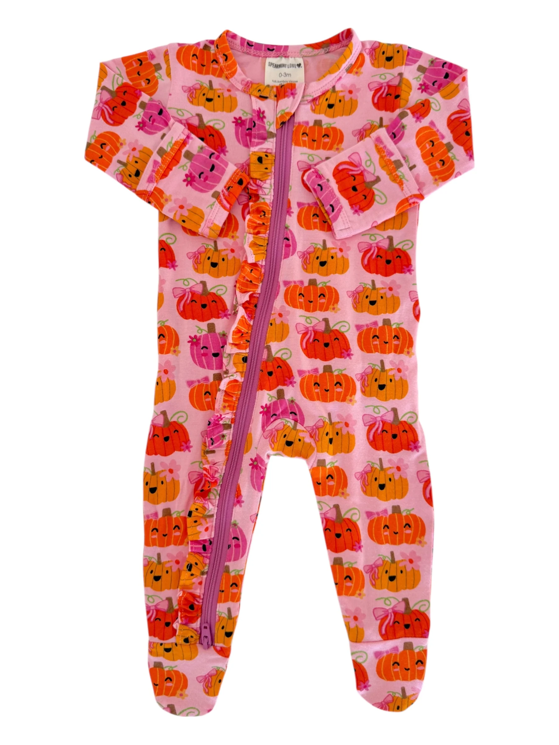 2-Way Zip Ruffle Footie, Pumpkin Girlies