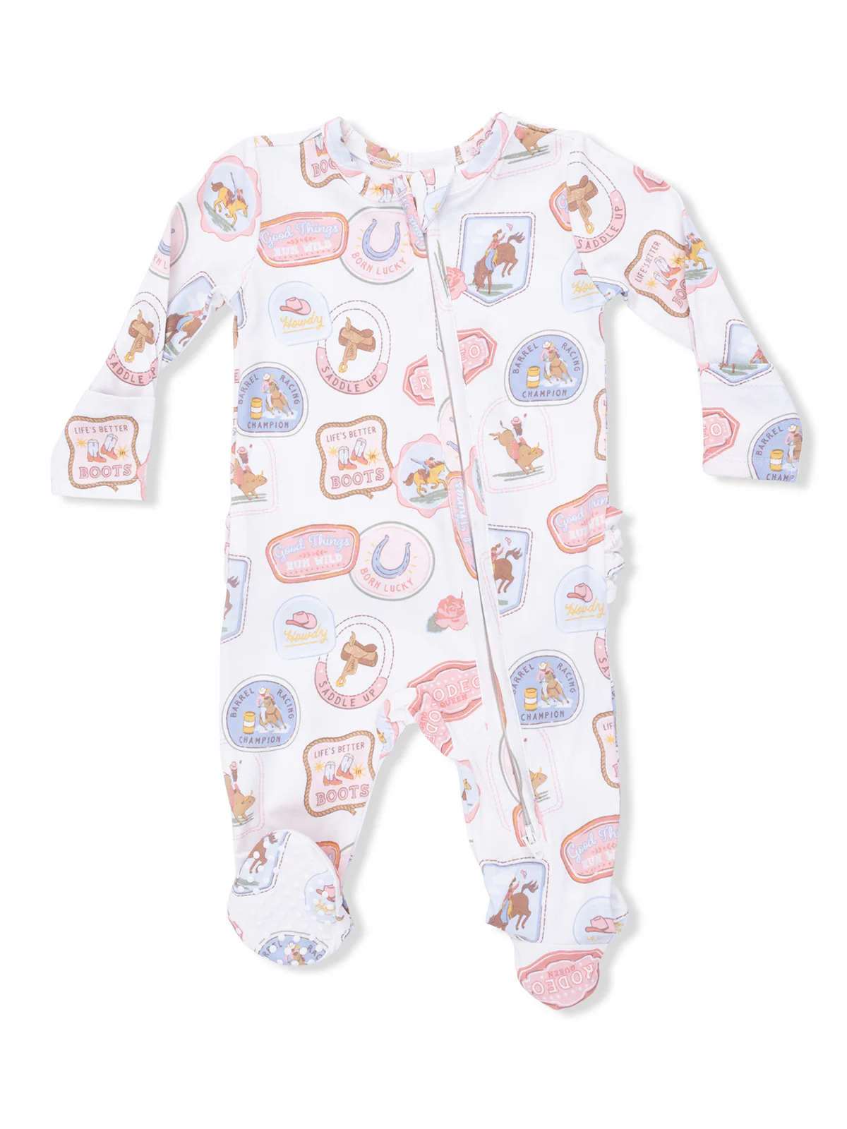 2-Way Zip Ruffle Footie, Rodeo Patches Pink