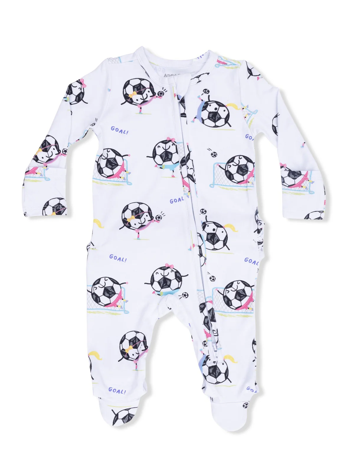 2-Way Zip Ruffle Footie, Soccer Balls Playing Soccer Pink