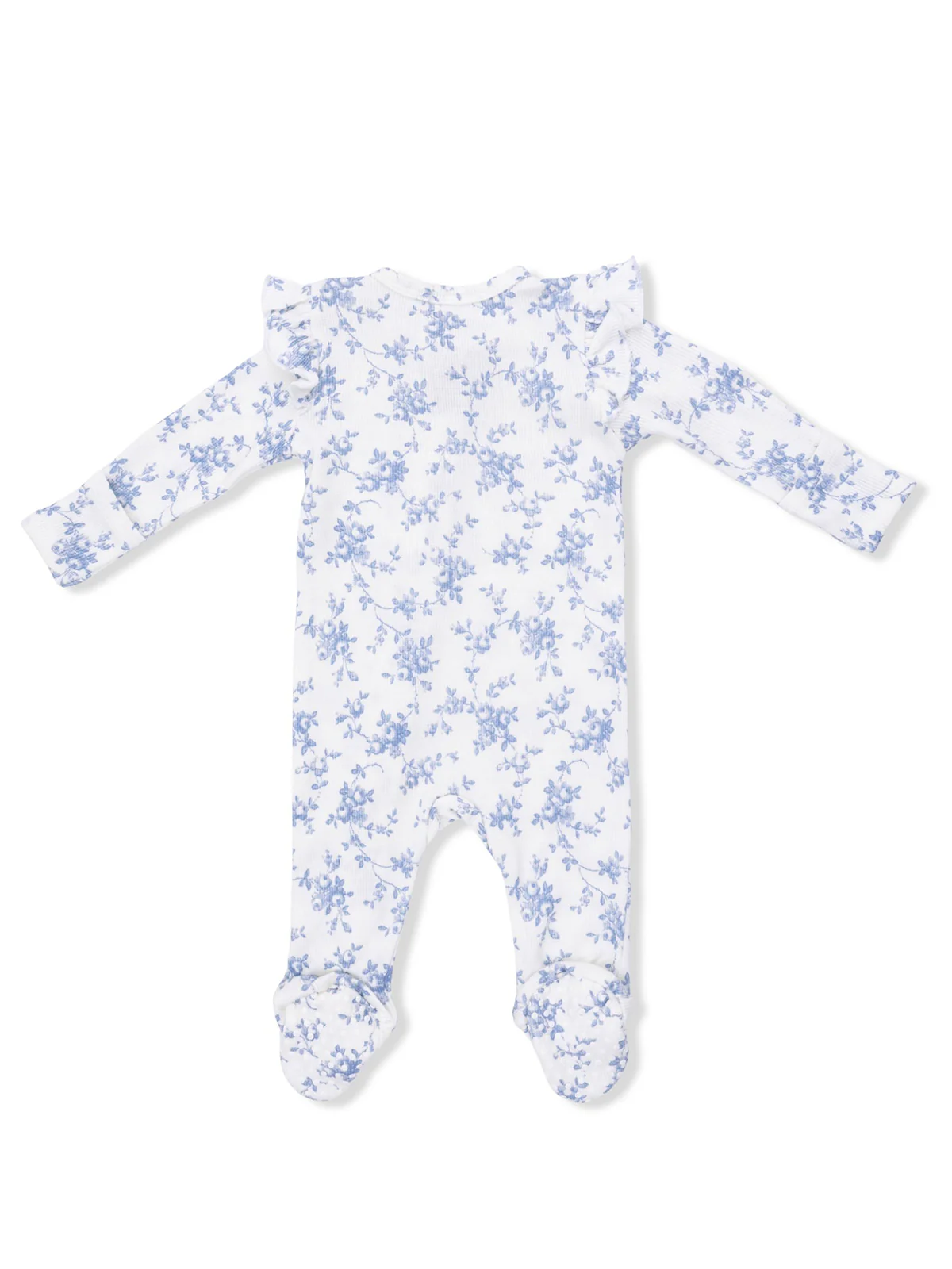 2-Way Zip Ruffle Sleeve Footie, Baby Blue Vines Floral - Image 2