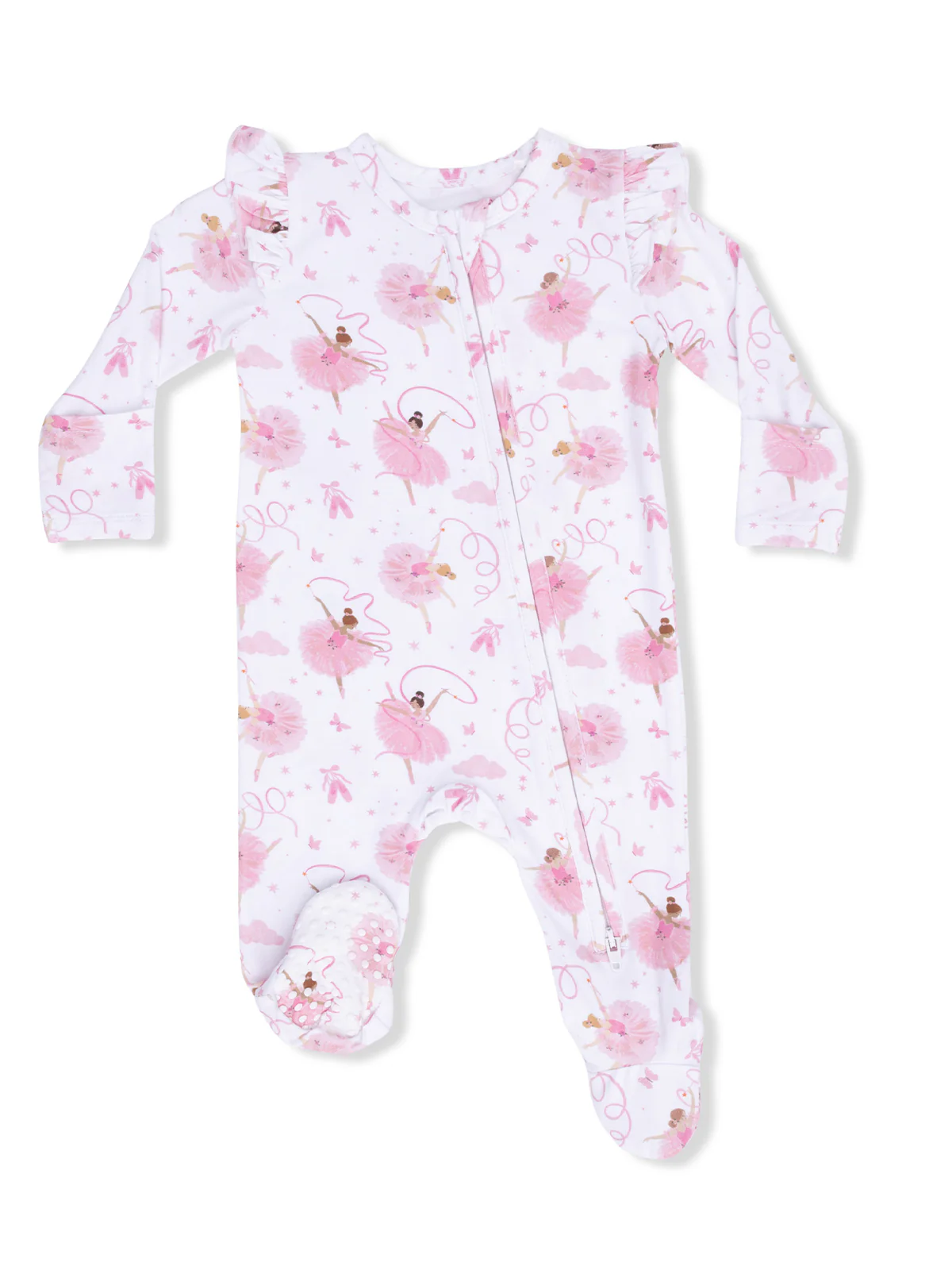2-Way Zip Ruffle Sleeve Footie, Ribbon Ballerinas