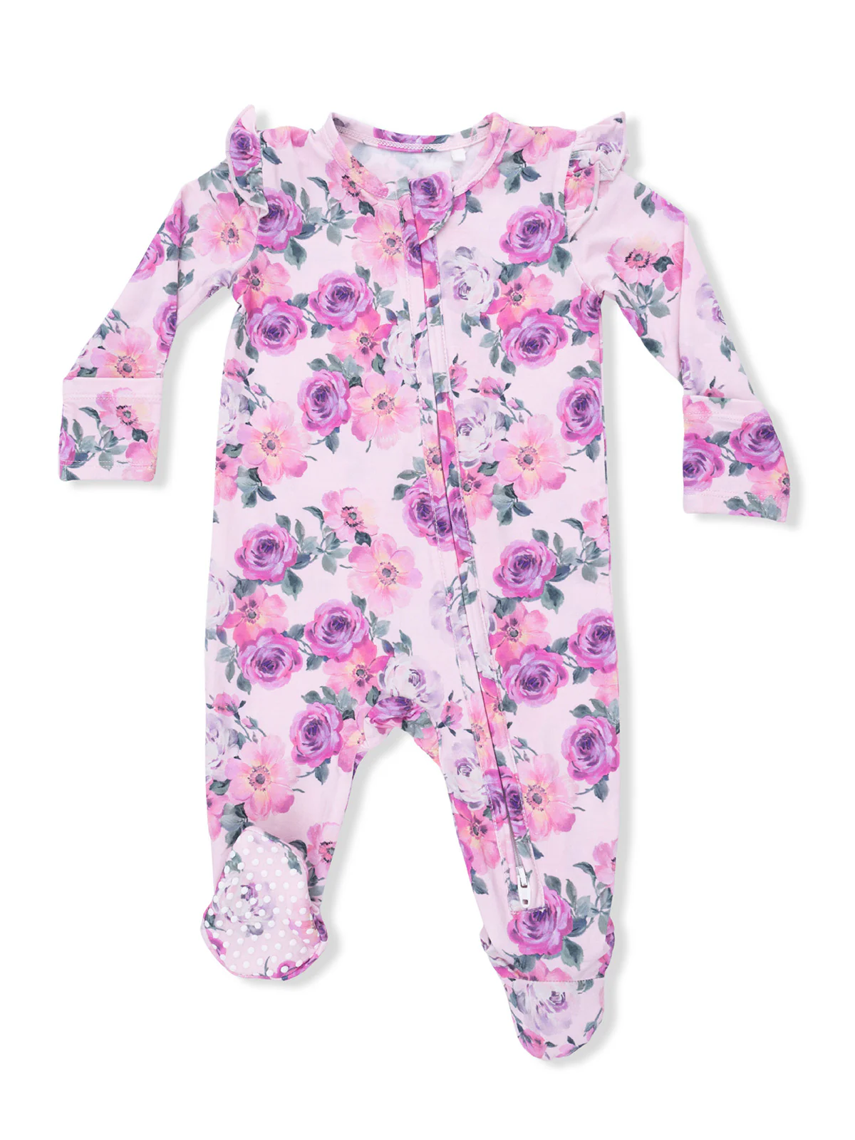 2-Way Zip Ruffle Sleeve Footie, Rose Abundance