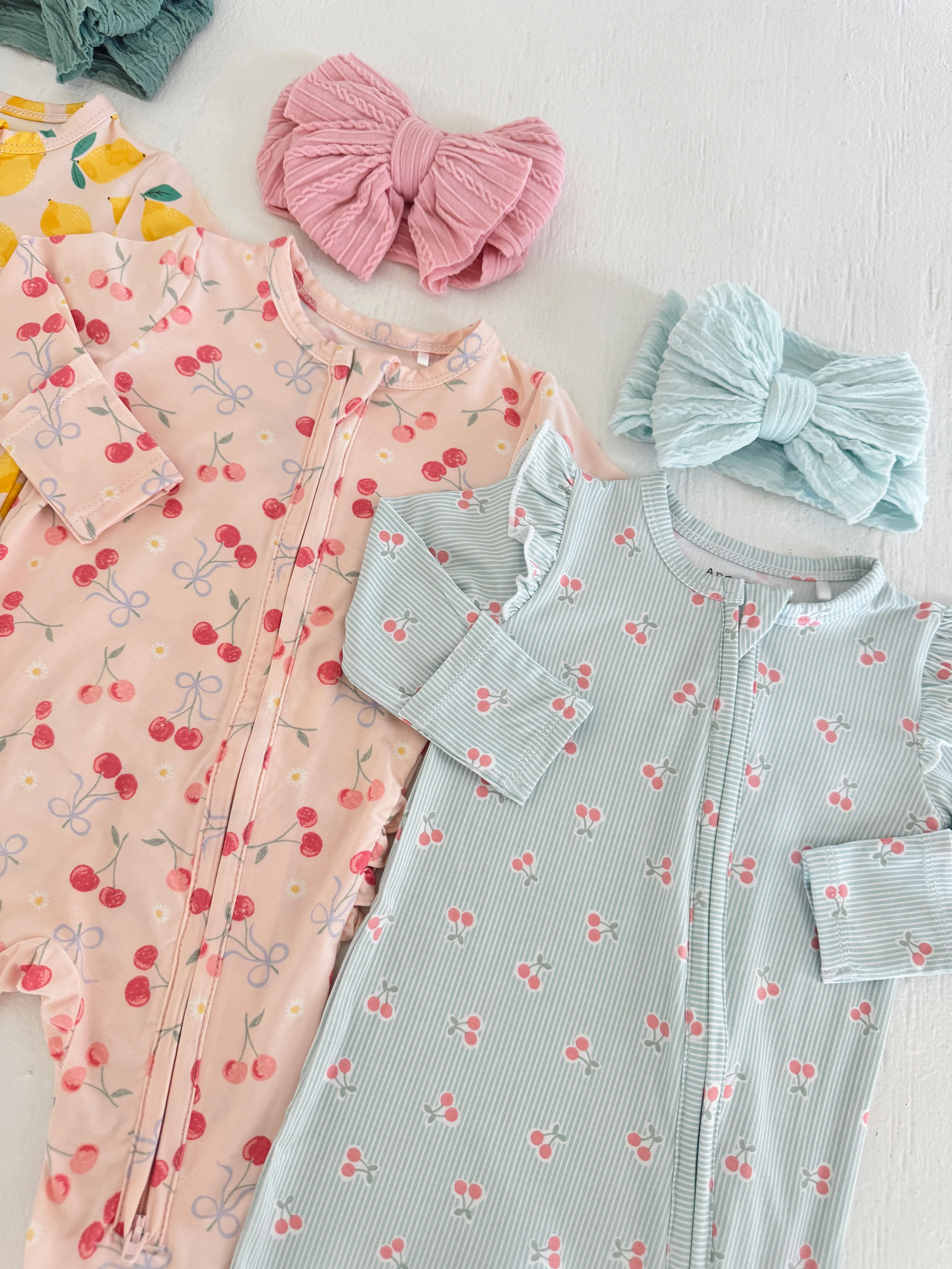 2-Way Zip Ruffle Sleeve Footie, Tiny Cherry Stripe - Image 3
