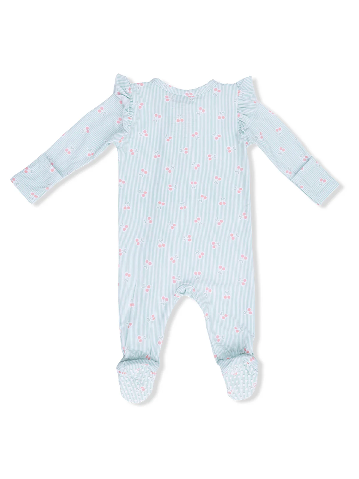 2-Way Zip Ruffle Sleeve Footie, Tiny Cherry Stripe - Image 4