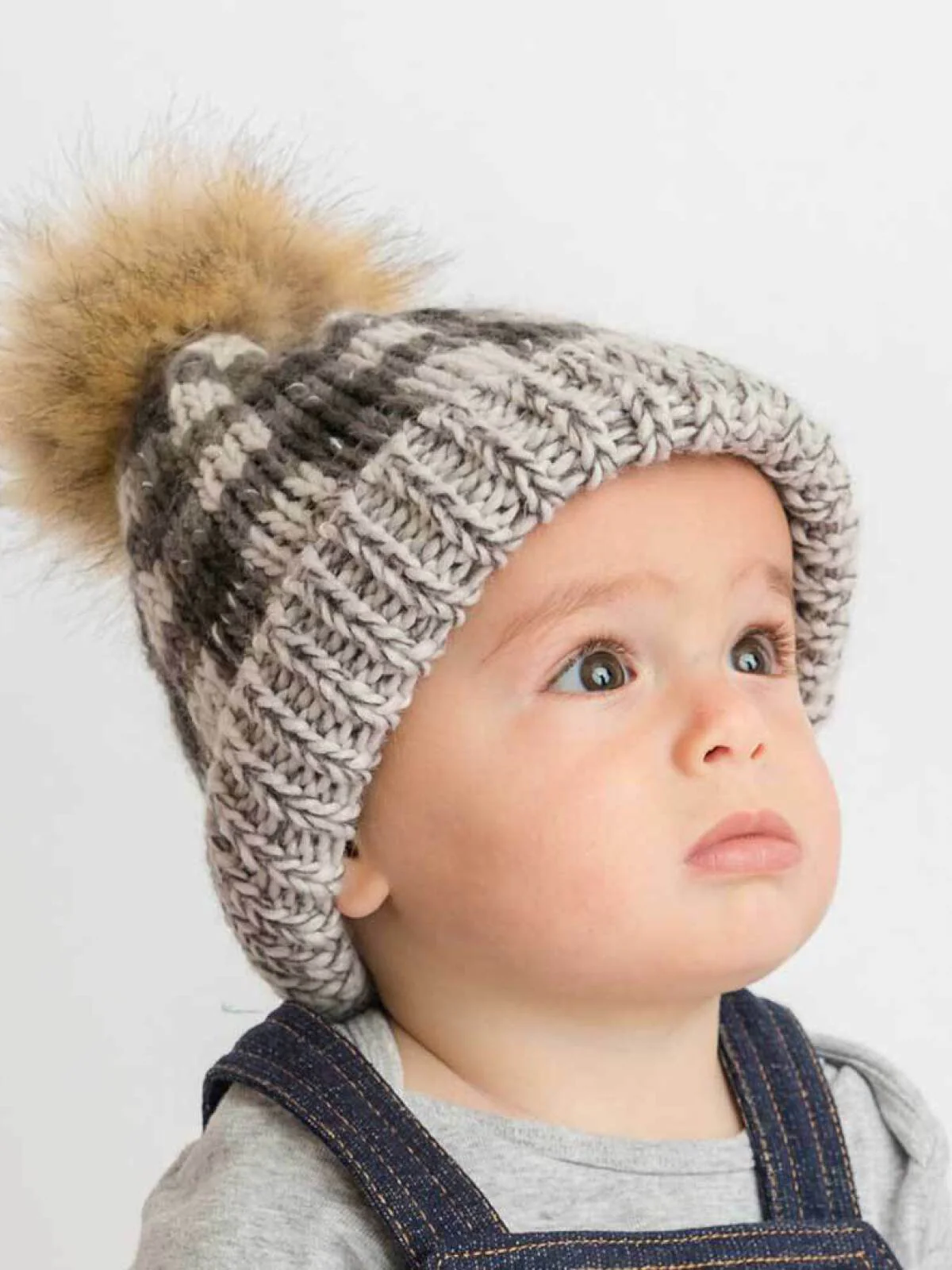 Buffalo Check Fur Pom Hat, Grey - Image 4