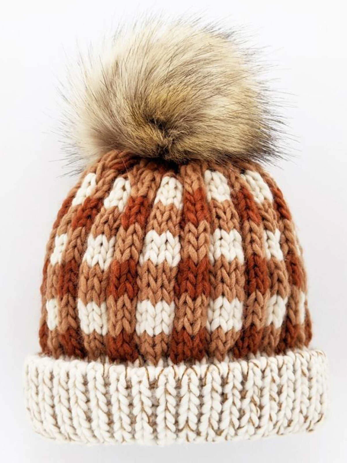 Buffalo Check Fur Pom Hat, Sienna - Image 2