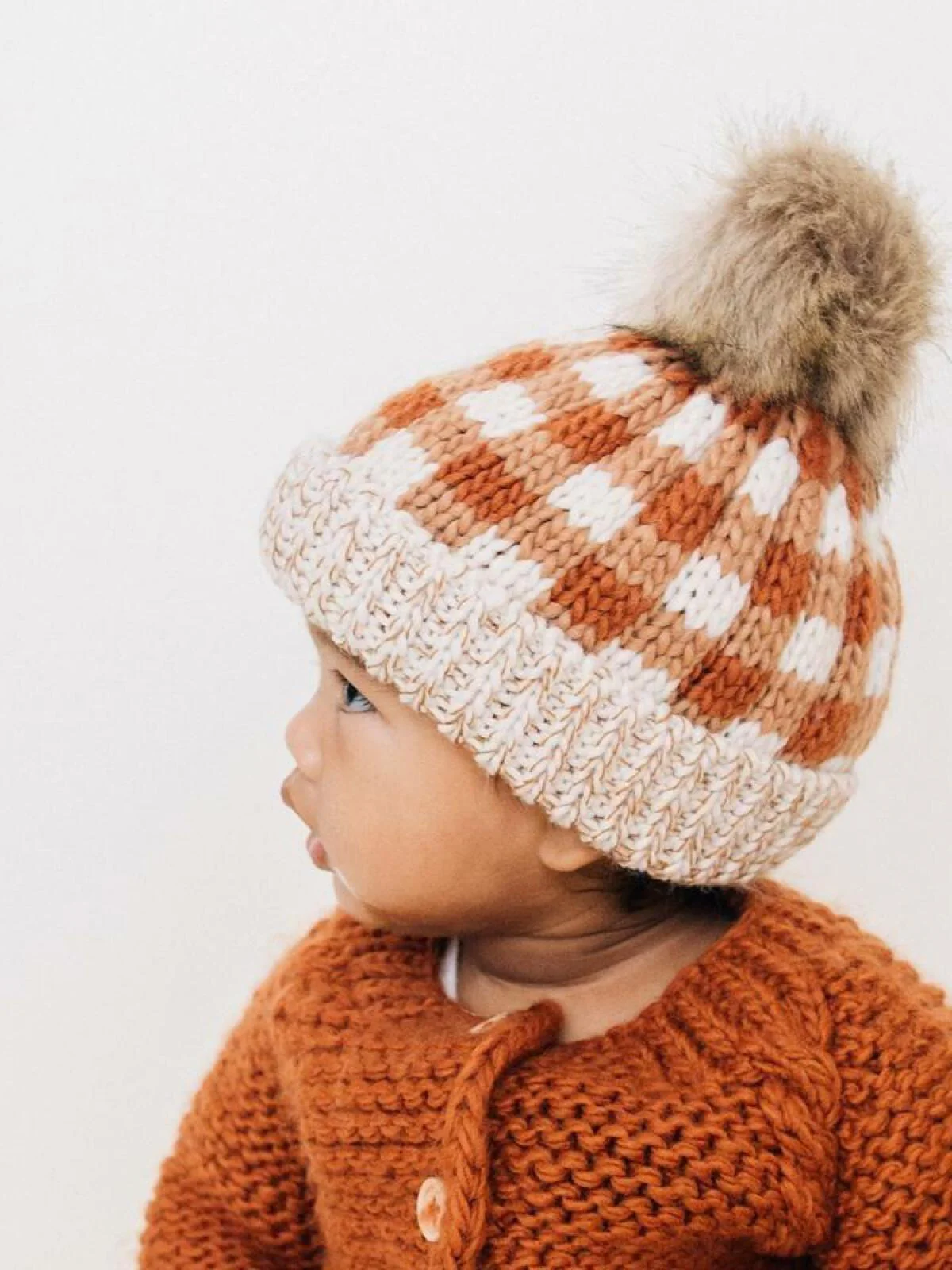 Buffalo Check Fur Pom Hat, Sienna - Image 3