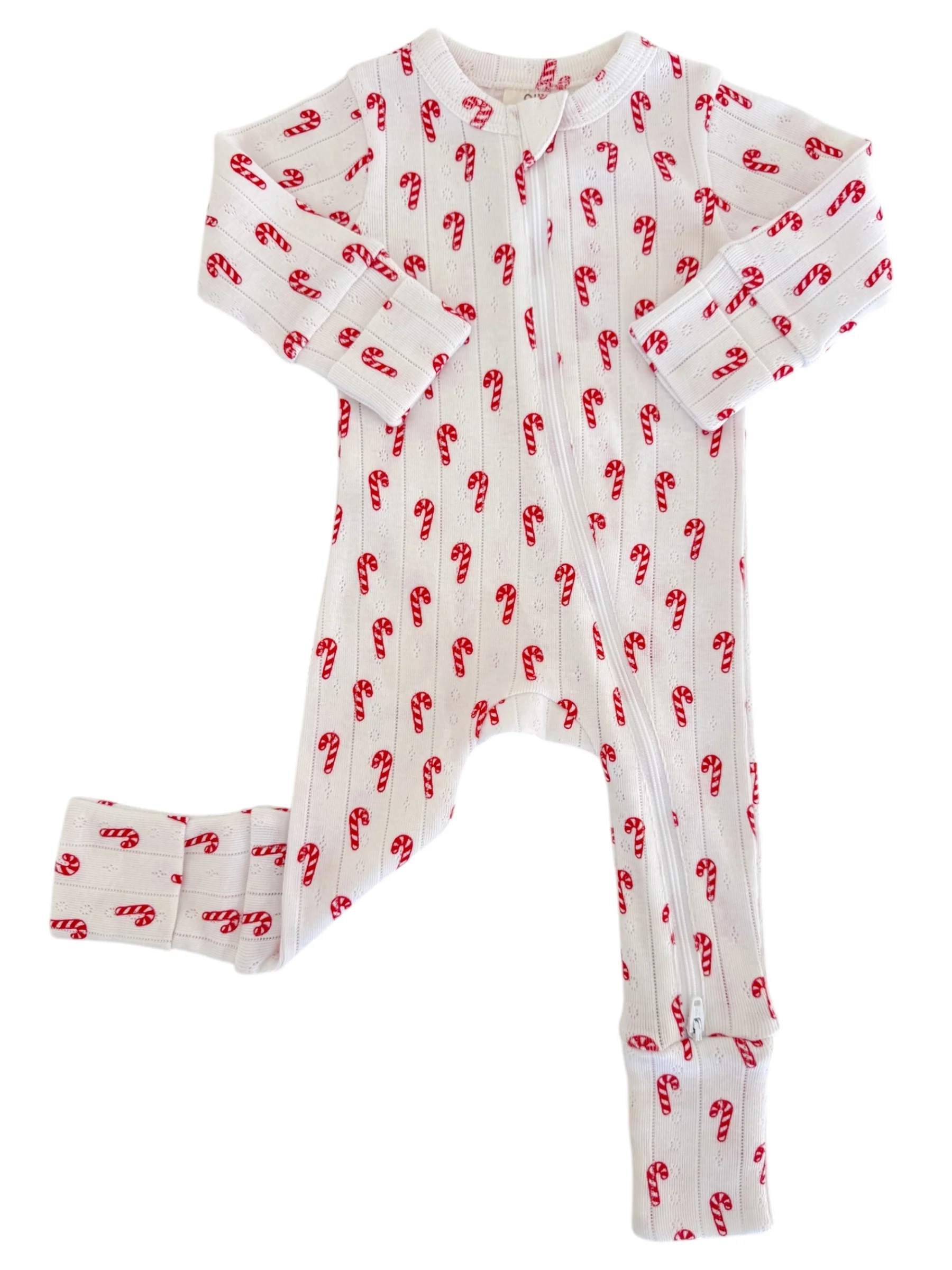 Candy Cane / Organic Pointelle 2-Way Zip Romper - Image 2
