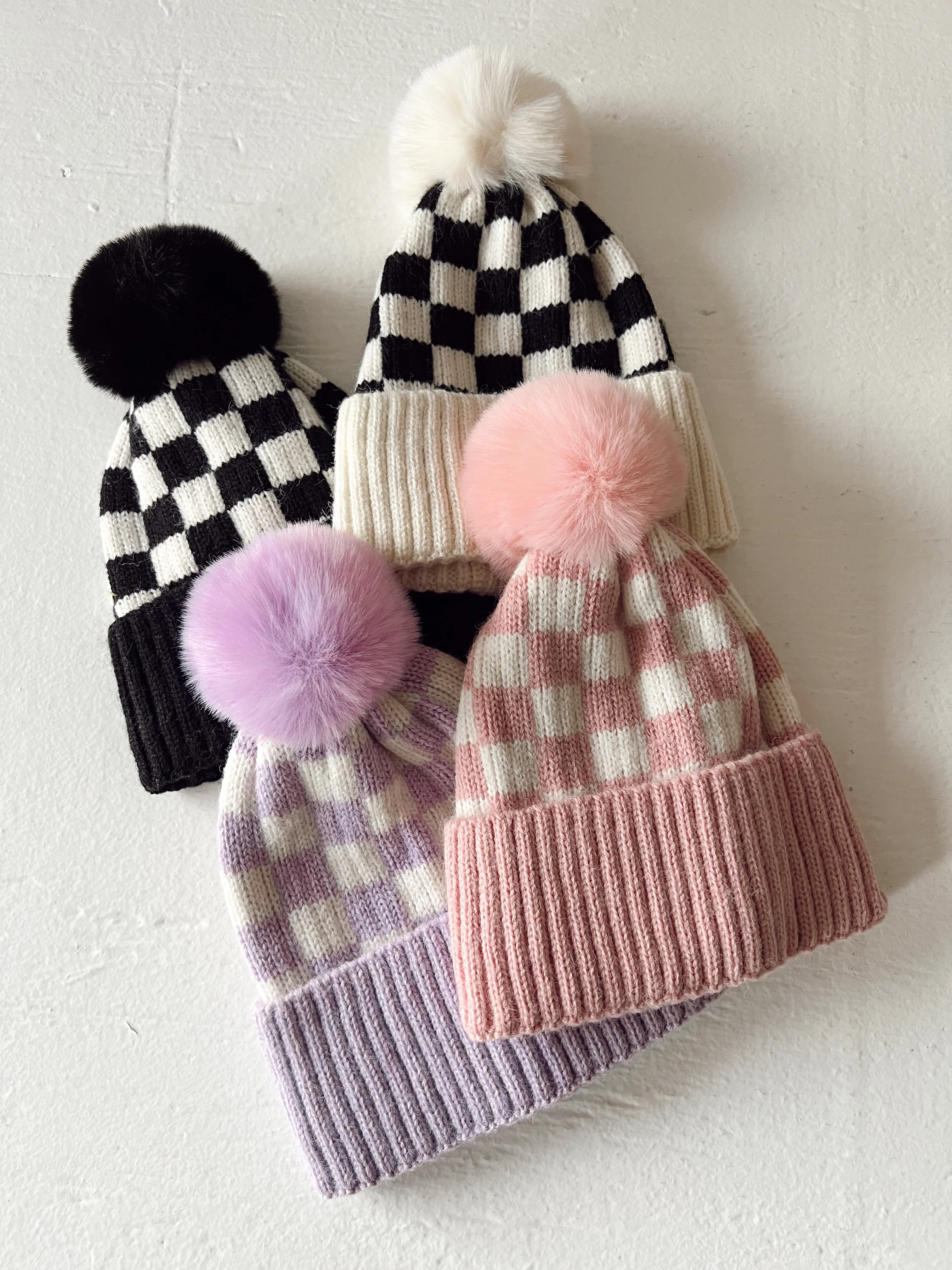 Checkerboard Fur Pom Hat, Cream - Image 2