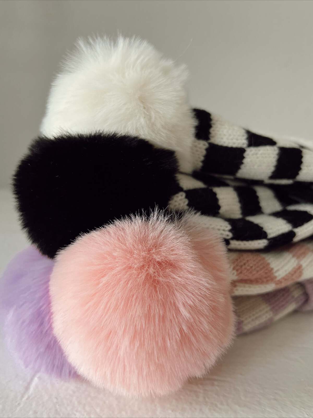 Checkerboard Fur Pom Hat, Cream - Image 4