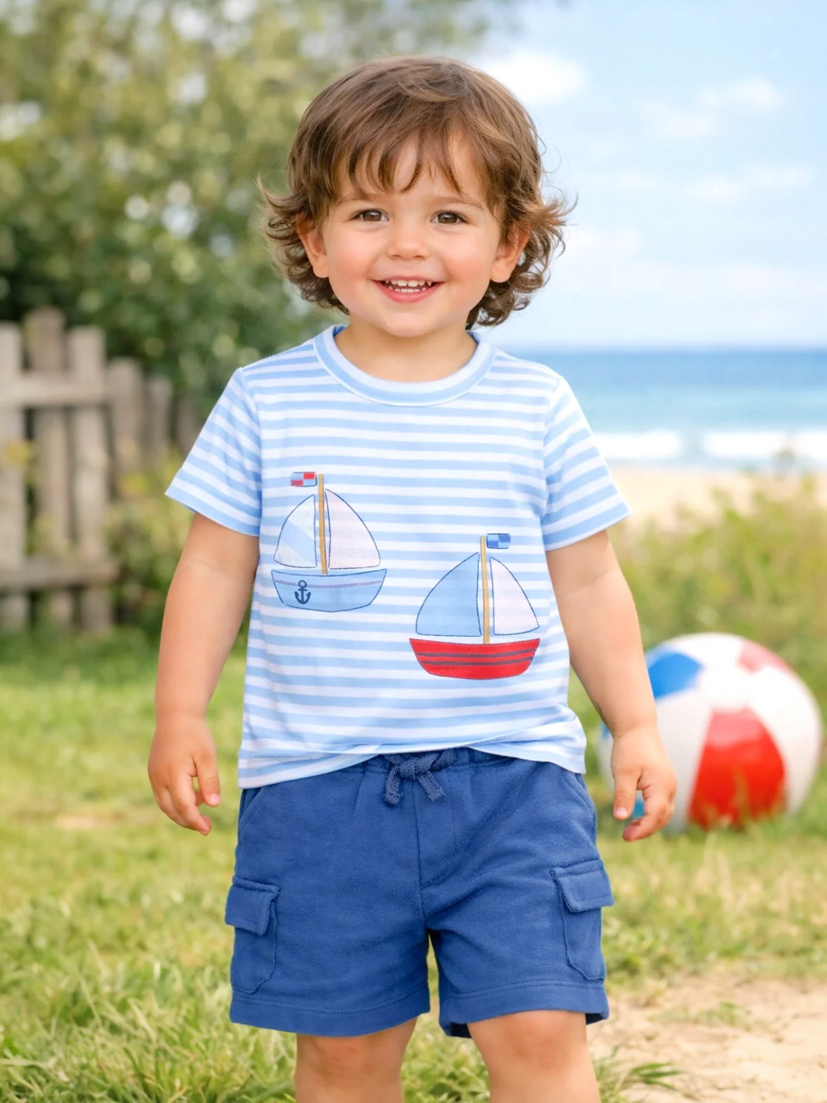 Crew Neck Tee & Cargo Short, Bubbly Sailboat Stripe