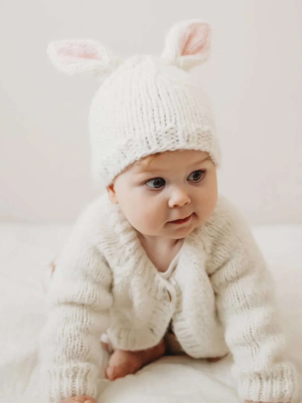 Knit Bunny Hat, White/Pink - Image 3