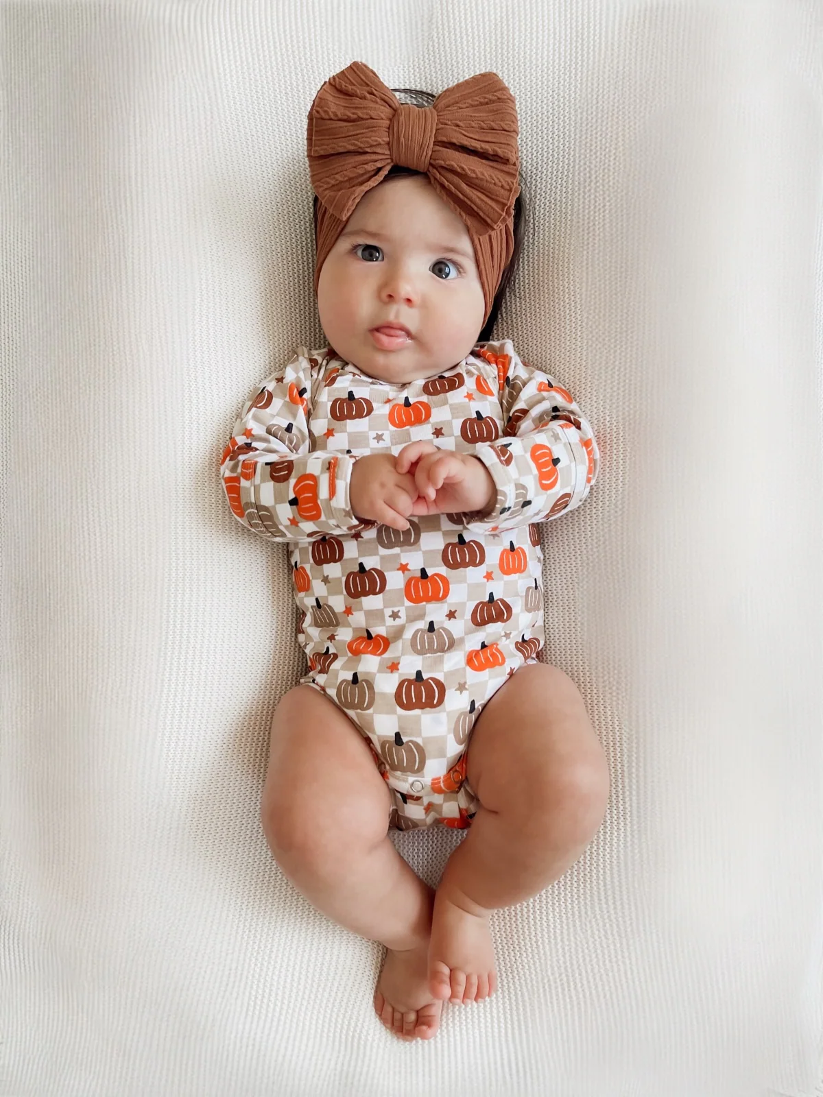 Long Sleeve Bodysuit, Pumpkin Checkerboard - Image 3