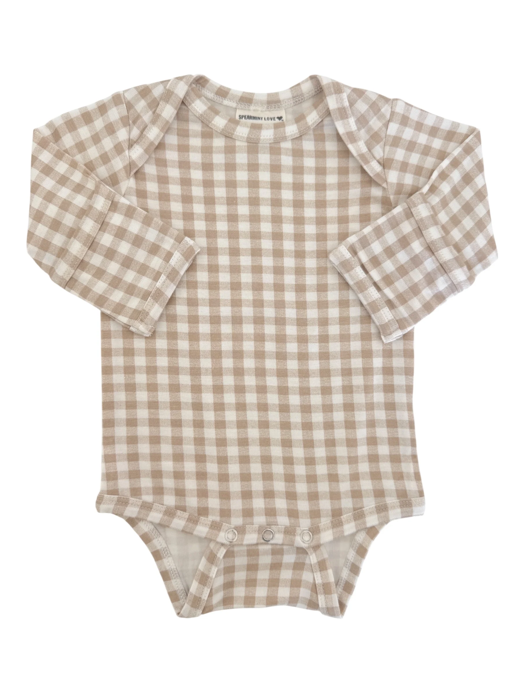 Long Sleeve Bodysuit, Tan Gingham