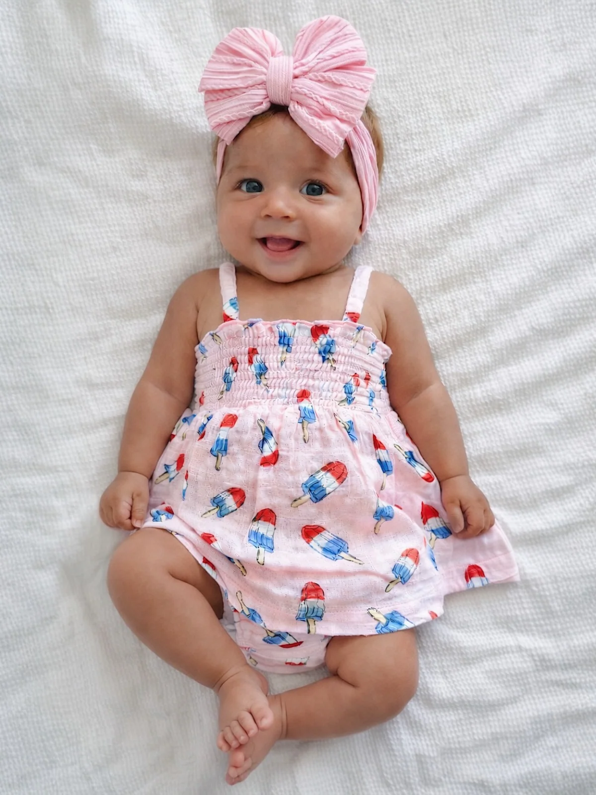 Muslin Smocked Top & Bloomer, Pink Red, White & Blue Popsicle