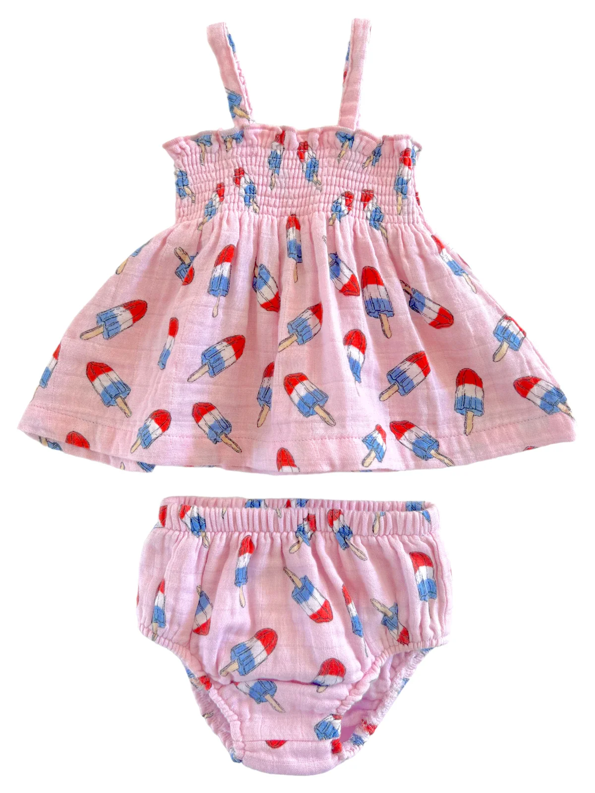 Muslin Smocked Top & Bloomer, Pink Red, White & Blue Popsicle - Image 2