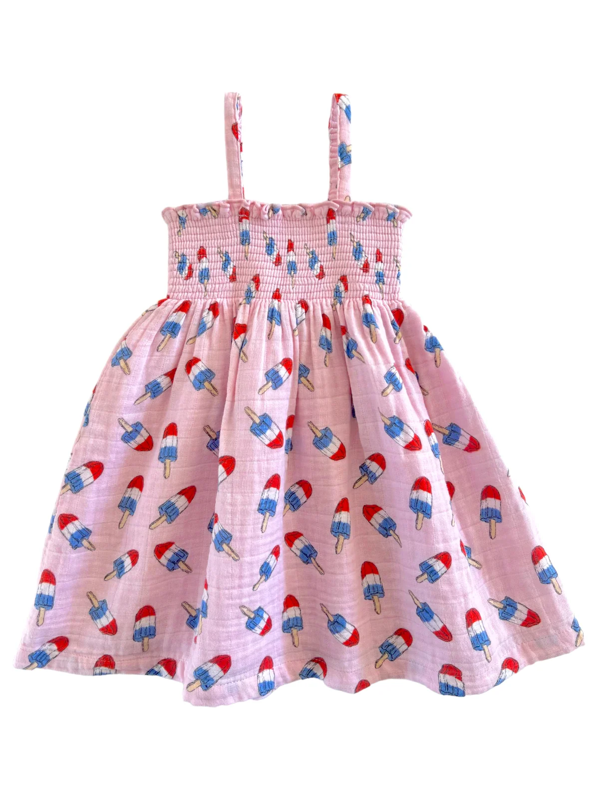 Muslin Smocked Tube Dress, Pink Red, White & Blue Popsicle - Image 2
