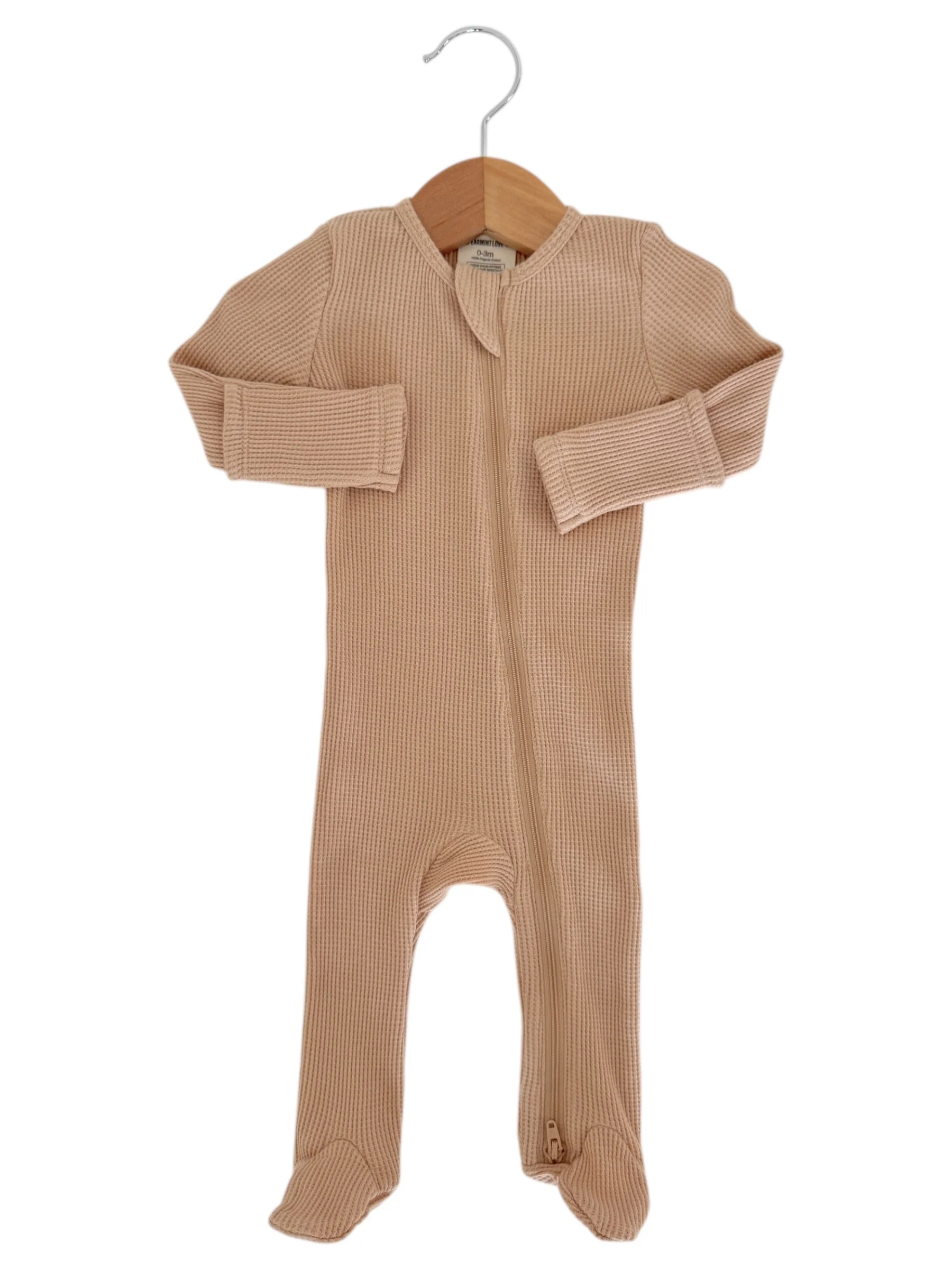Organic Waffle 2-Way Zip Footie, Tan - Image 3