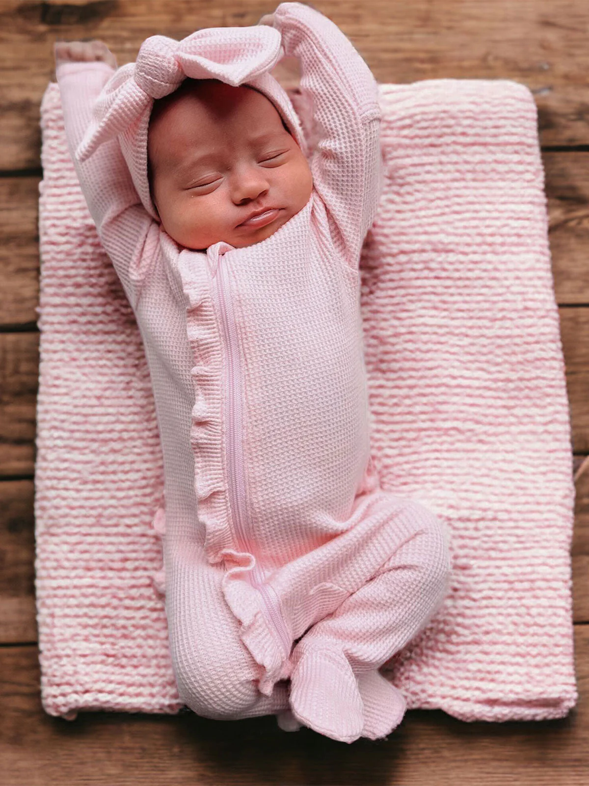 Organic Waffle 2-Way Zip Ruffle Footie, Blush
