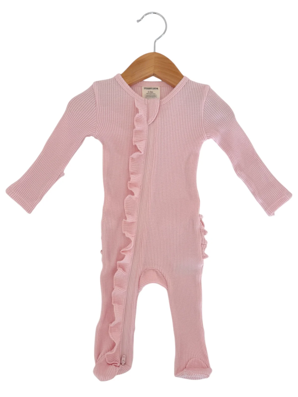 Organic Waffle 2-Way Zip Ruffle Footie, Blush - Image 2