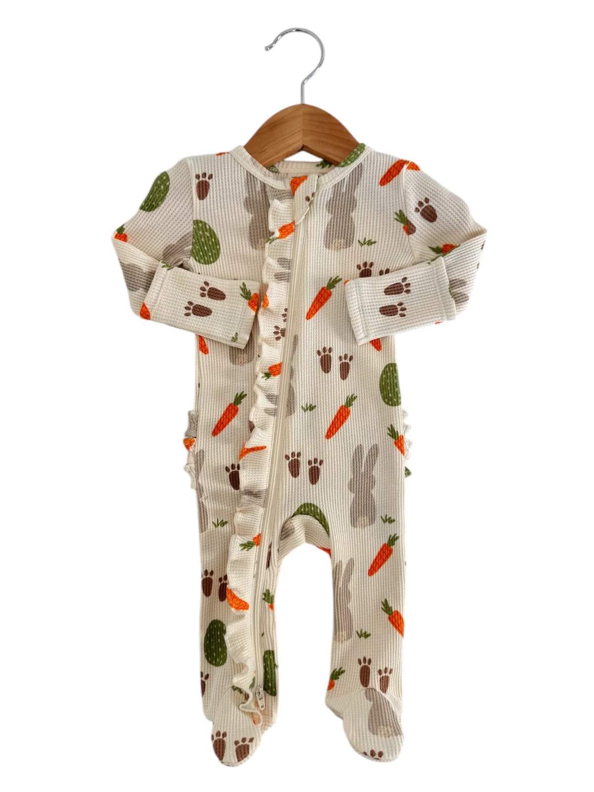 Organic Waffle 2-Way Zip Ruffle Footie, Cottontail - Image 4