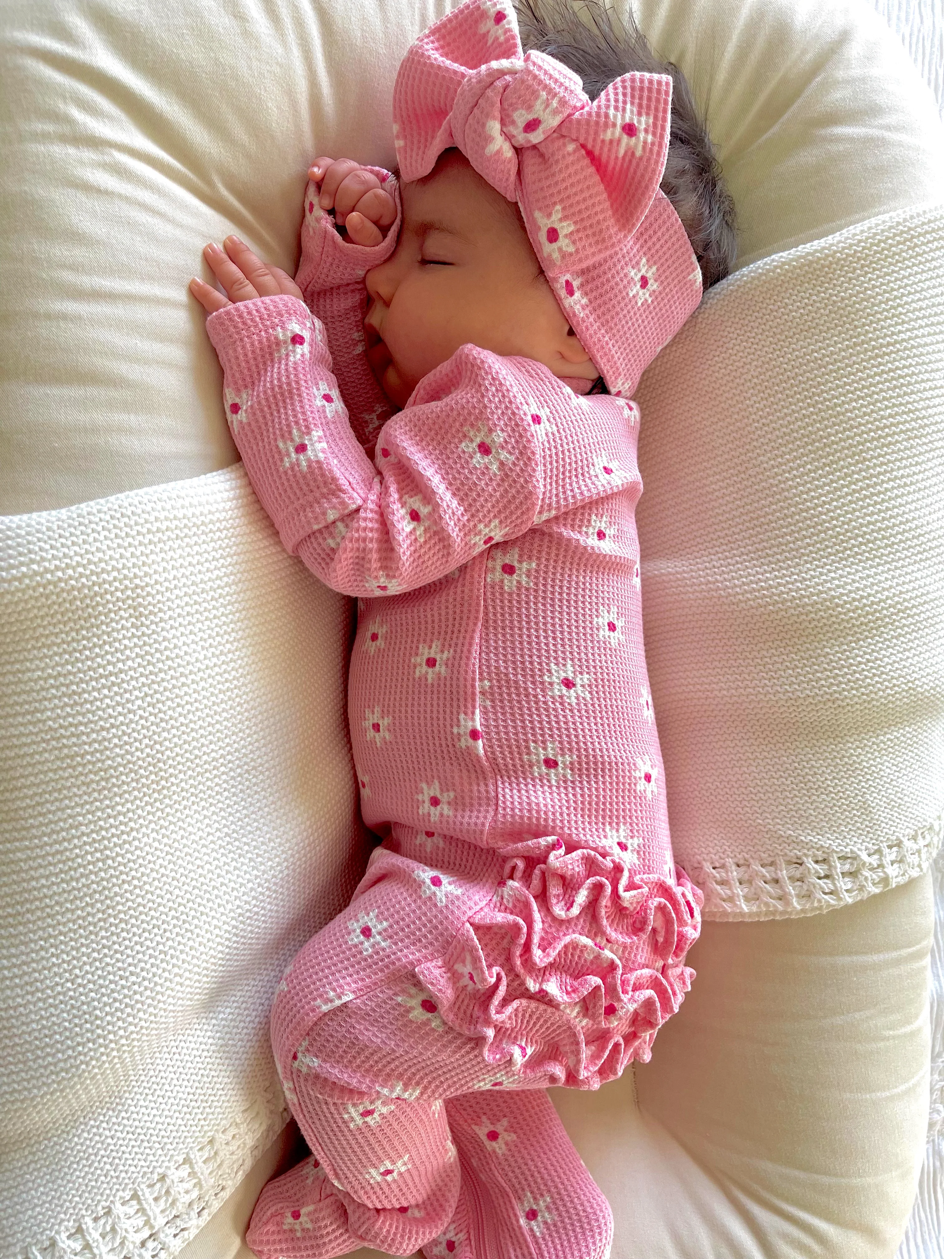 Organic Waffle 2-Way Zip Ruffle Footie, Pink Flower - Image 3