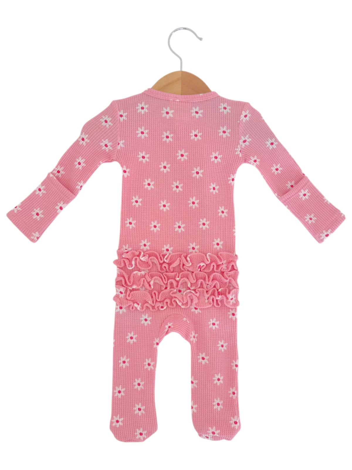 Organic Waffle 2-Way Zip Ruffle Footie, Pink Flower - Image 5