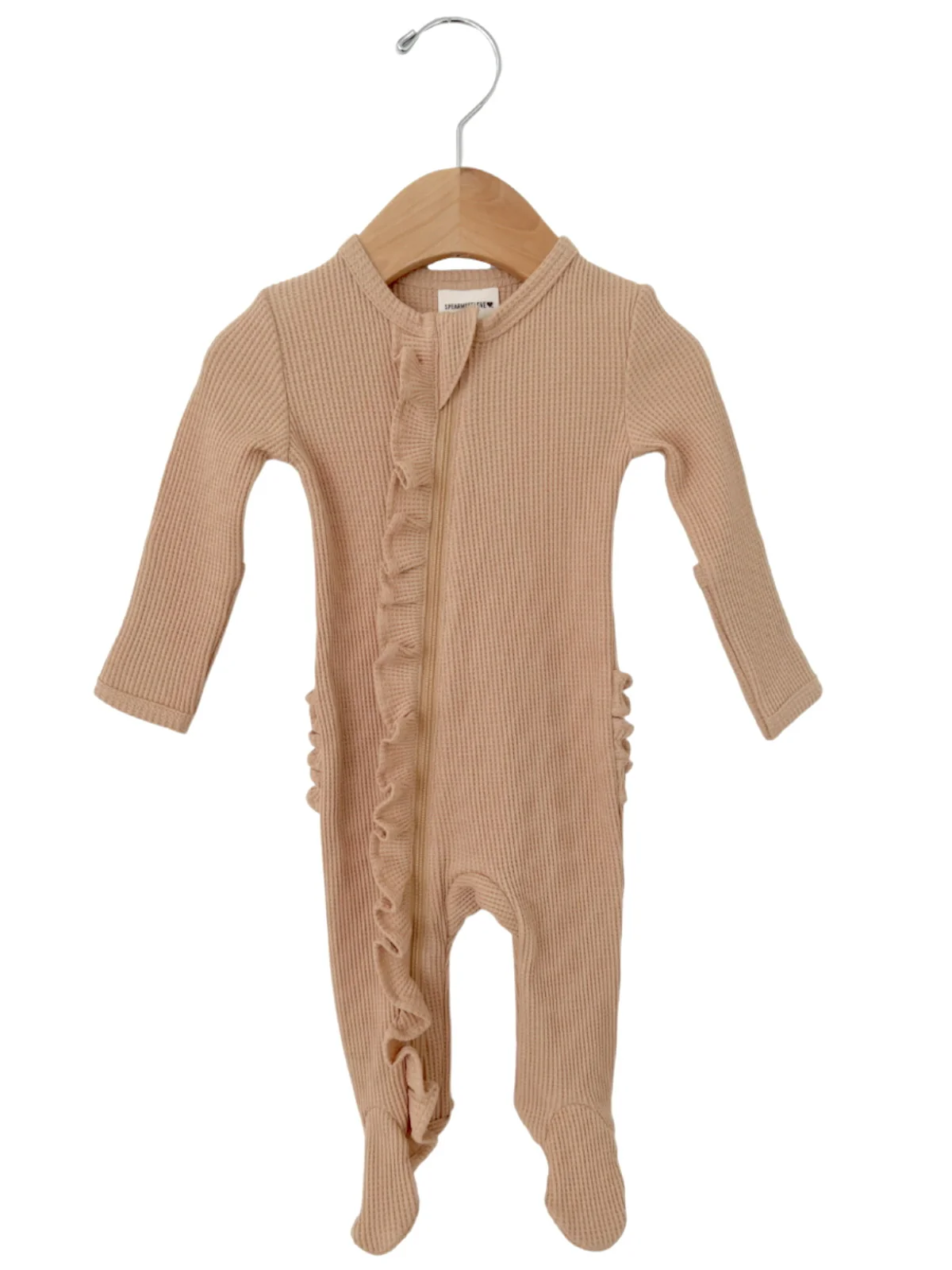 Organic Waffle 2-Way Zip Ruffle Footie, Tan - Image 2