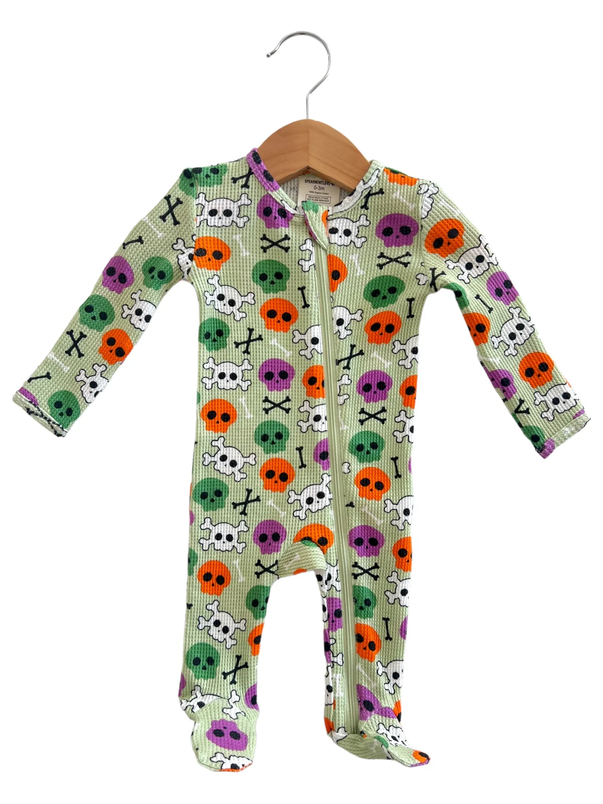 Organic Waffle Basic Zip Footie, Candy Skulls Green - Image 2