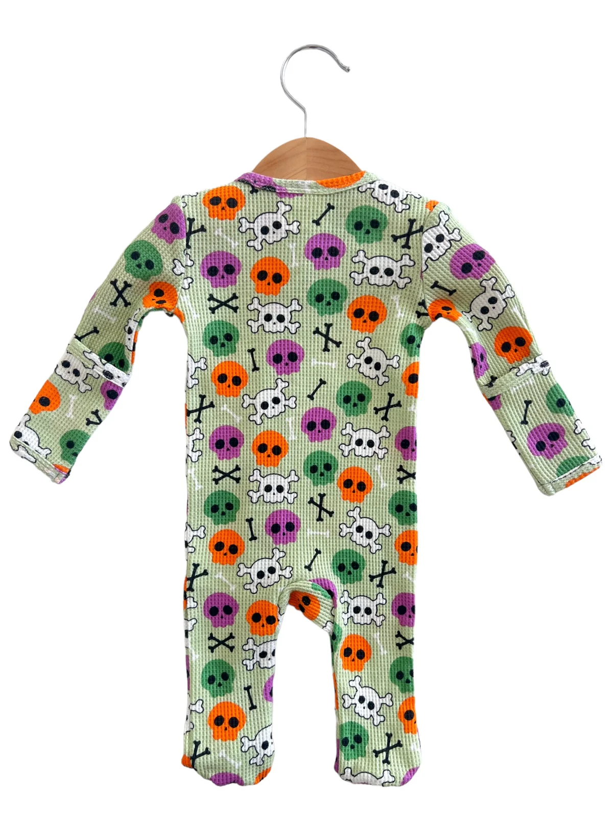 Organic Waffle Basic Zip Footie, Candy Skulls Green - Image 3