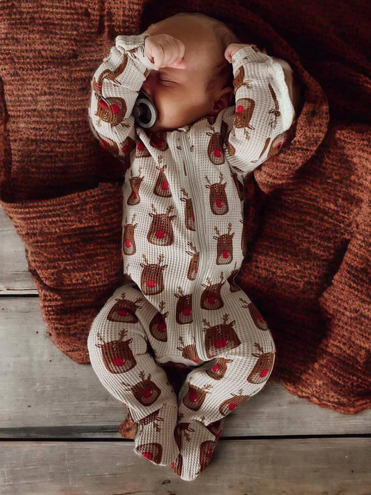 Organic Waffle Basic Zip Footie, Reindeer