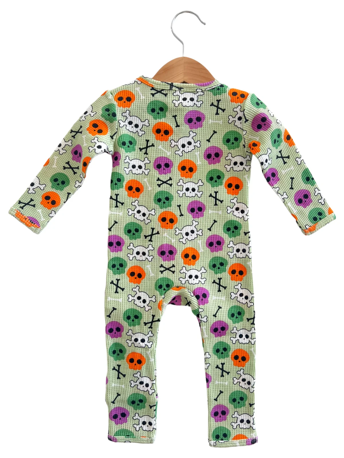 Organic Waffle Basic Zip Romper, Candy Skulls Green - Image 2